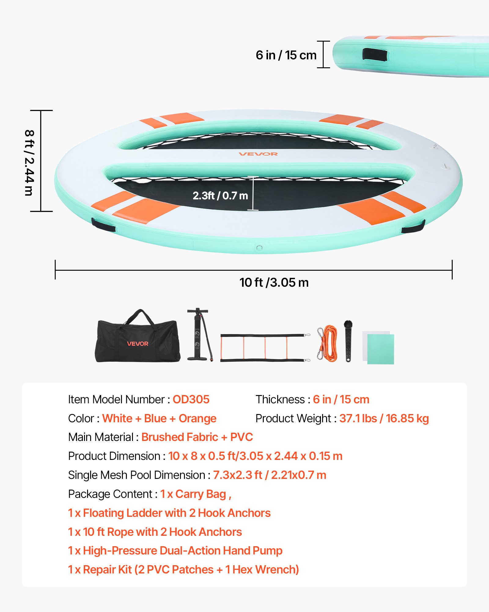 VEVOR Colchoneta para Piscina 3,05 x 2,44 m, Flotador Inflable Gigante Redondeado, con Malla Escalera Desmontable Bolsa Portátil Bomba Manual, Isla de Agua Hamaca Inflable para Playa Piscina Lago Mar