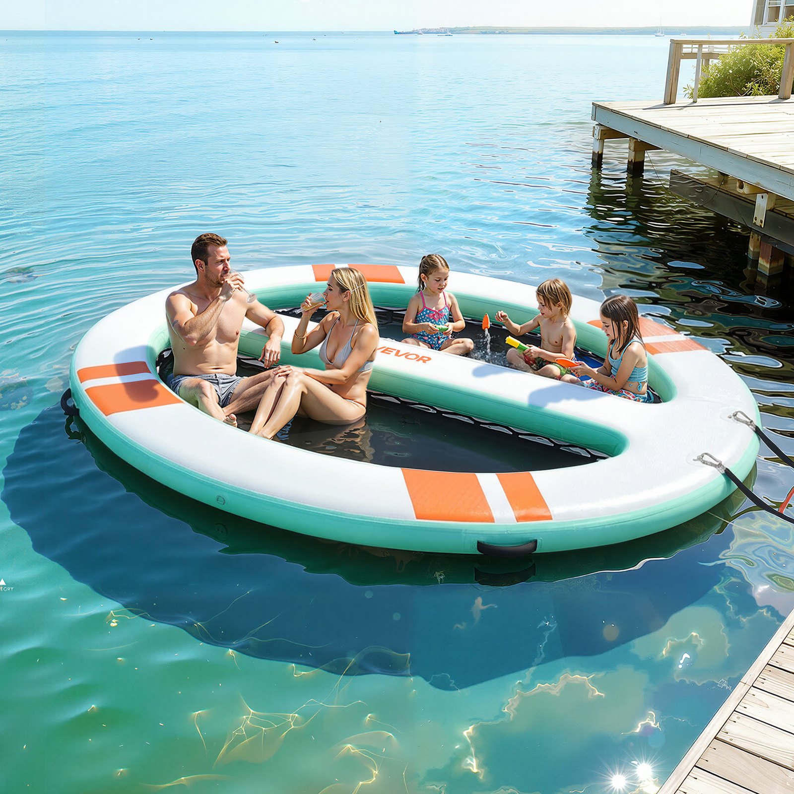 VEVOR Colchoneta para Piscina 3,05 x 2,44 m, Flotador Inflable Gigante Redondeado, con Malla Escalera Desmontable Bolsa Portátil Bomba Manual, Isla de Agua Hamaca Inflable para Playa Piscina Lago Mar