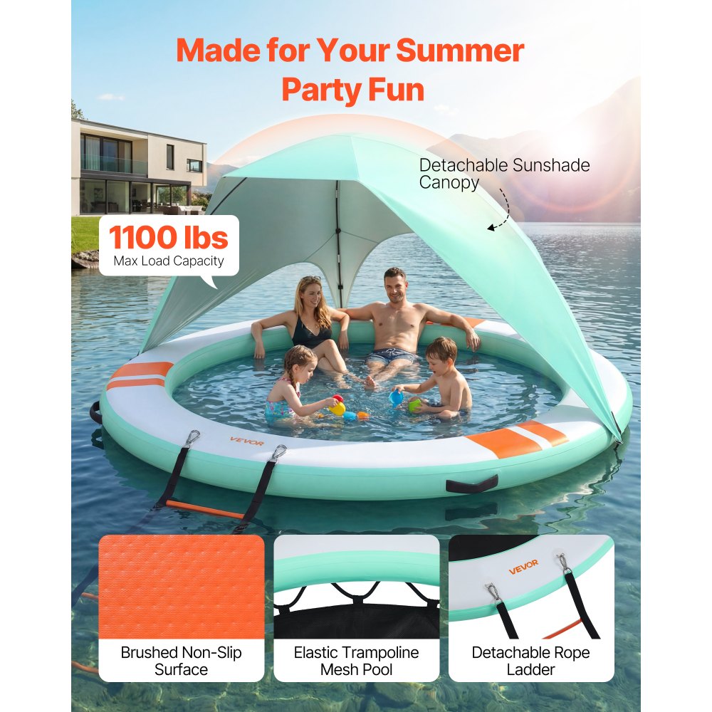 VEVOR Colchoneta para Piscina 3,05 m, Flotador Inflable en Forma Redonda, con Malla Escalera Desmontable Toldo Parasol Bolsa de Transporte Bomba, Isla de Agua Hamaca Inflable para Playa Piscina Lago