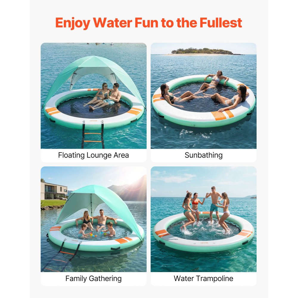 VEVOR Colchoneta para Piscina 3,05 m, Flotador Inflable en Forma Redonda, con Malla Escalera Desmontable Toldo Parasol Bolsa de Transporte Bomba, Isla de Agua Hamaca Inflable para Playa Piscina Lago