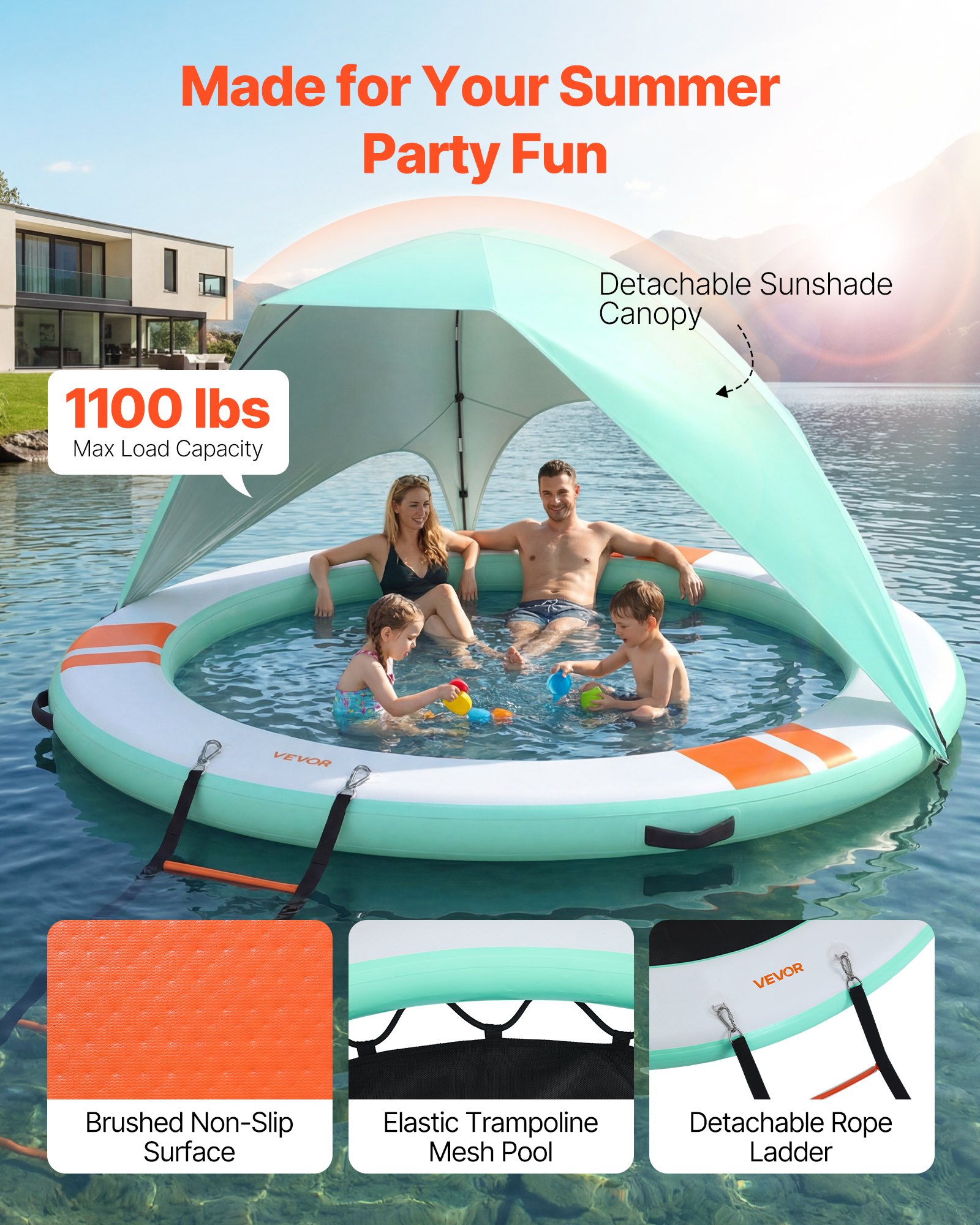 VEVOR Colchoneta para Piscina 3,05 m, Flotador Inflable en Forma Redonda, con Malla Escalera Desmontable Toldo Parasol Bolsa de Transporte Bomba, Isla de Agua Hamaca Inflable para Playa Piscina Lago
