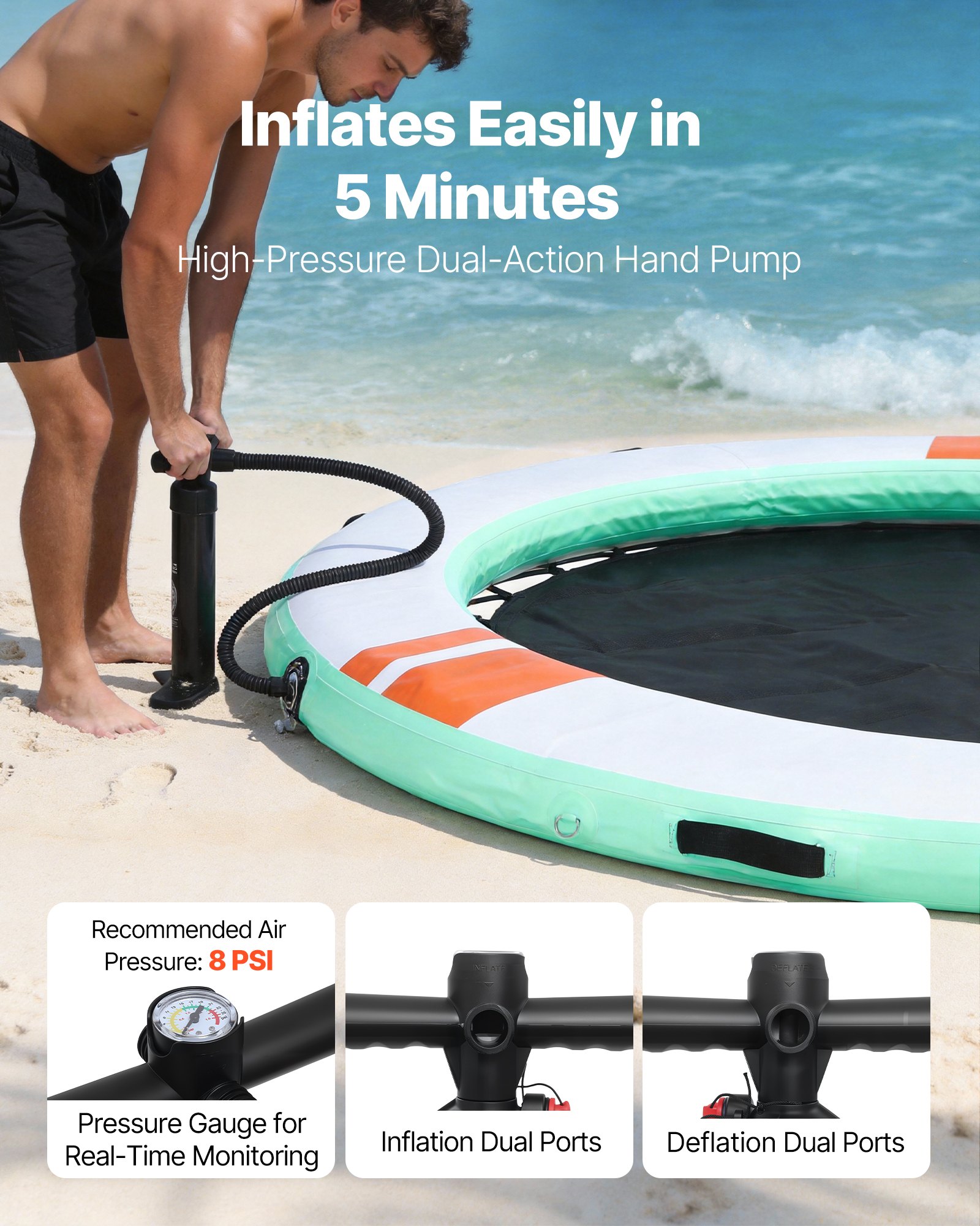 VEVOR Colchoneta para Piscina 3,05 m, Flotador Inflable en Forma Redonda, con Malla Escalera Desmontable Toldo Parasol Bolsa de Transporte Bomba, Isla de Agua Hamaca Inflable para Playa Piscina Lago