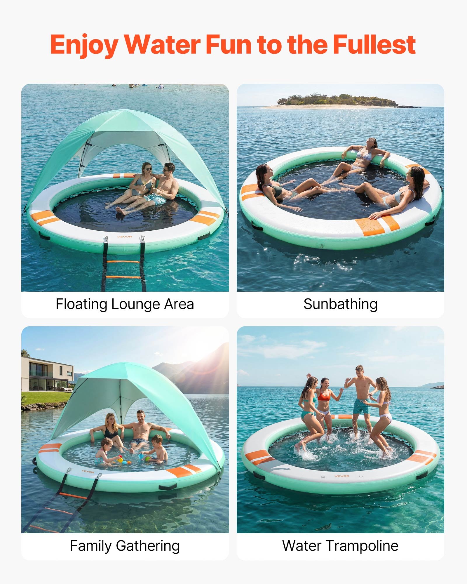 VEVOR Colchoneta para Piscina 3,05 m, Flotador Inflable en Forma Redonda, con Malla Escalera Desmontable Toldo Parasol Bolsa de Transporte Bomba, Isla de Agua Hamaca Inflable para Playa Piscina Lago