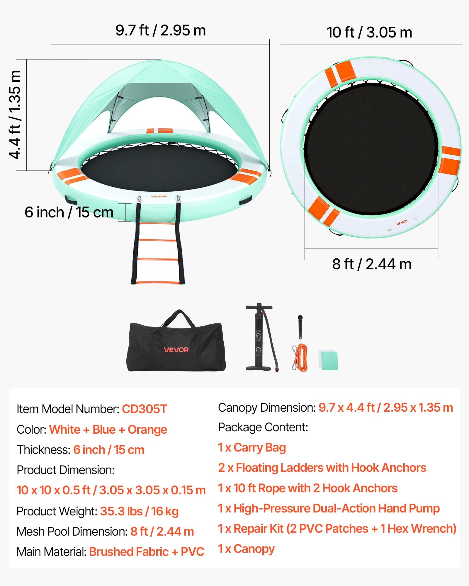 VEVOR Colchoneta para Piscina 3,05 m, Flotador Inflable en Forma Redonda, con Malla Escalera Desmontable Toldo Parasol Bolsa de Transporte Bomba, Isla de Agua Hamaca Inflable para Playa Piscina Lago