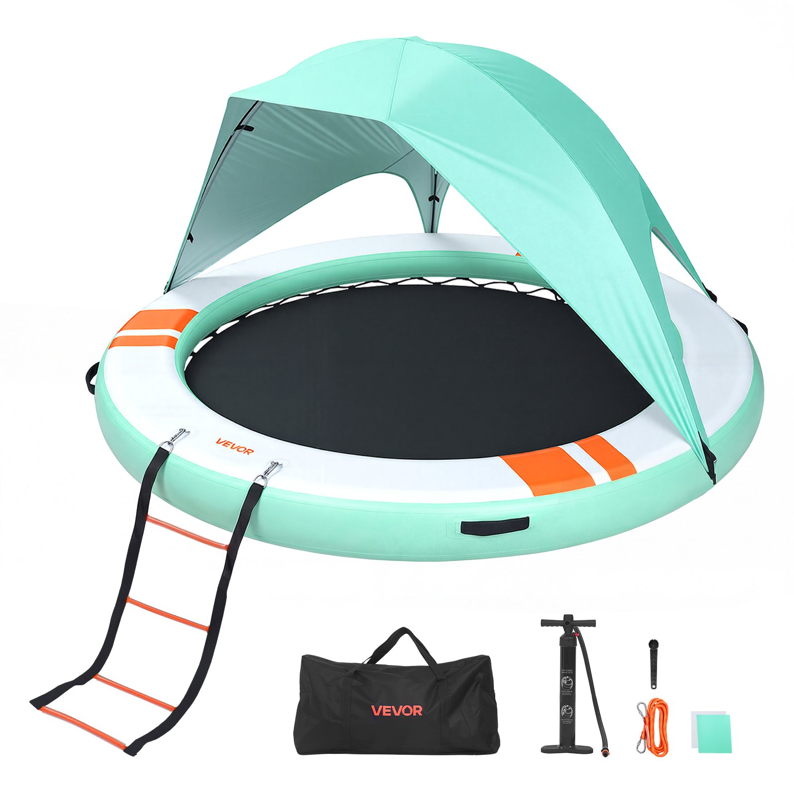 VEVOR Colchoneta para Piscina 3,05 m, Flotador Inflable en Forma Redonda, con Malla Escalera Desmontable Toldo Parasol Bolsa de Transporte Bomba, Isla de Agua Hamaca Inflable para Playa Piscina Lago