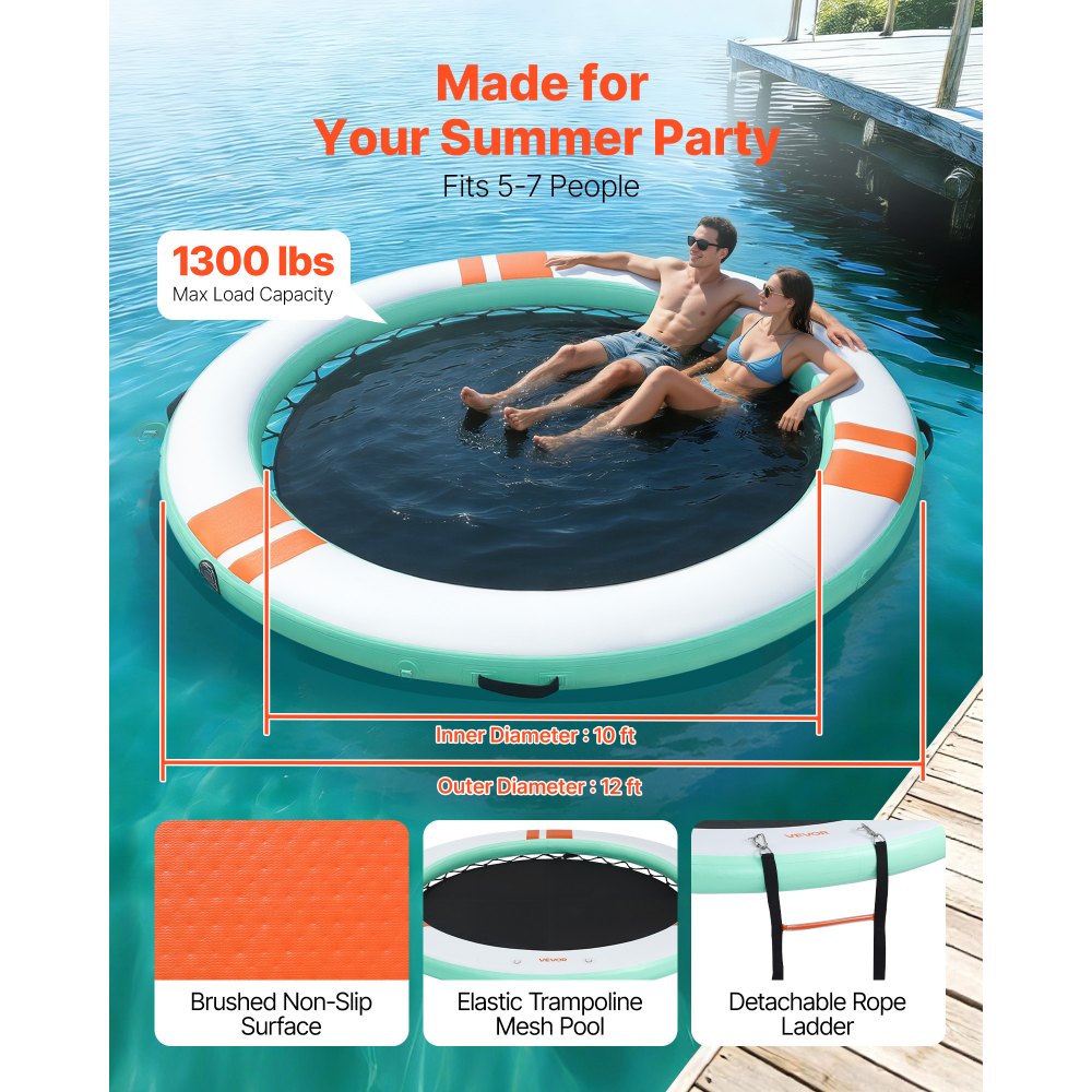 VEVOR Colchoneta para Piscina, Diámetro de 3,66 m, Flotador Inflable Gigante en Forma Redonda, con Malla Escalera Desmontable Bolsa de Transporte, Hamaca Inflable Isla de Agua para Piscina Playa Lago