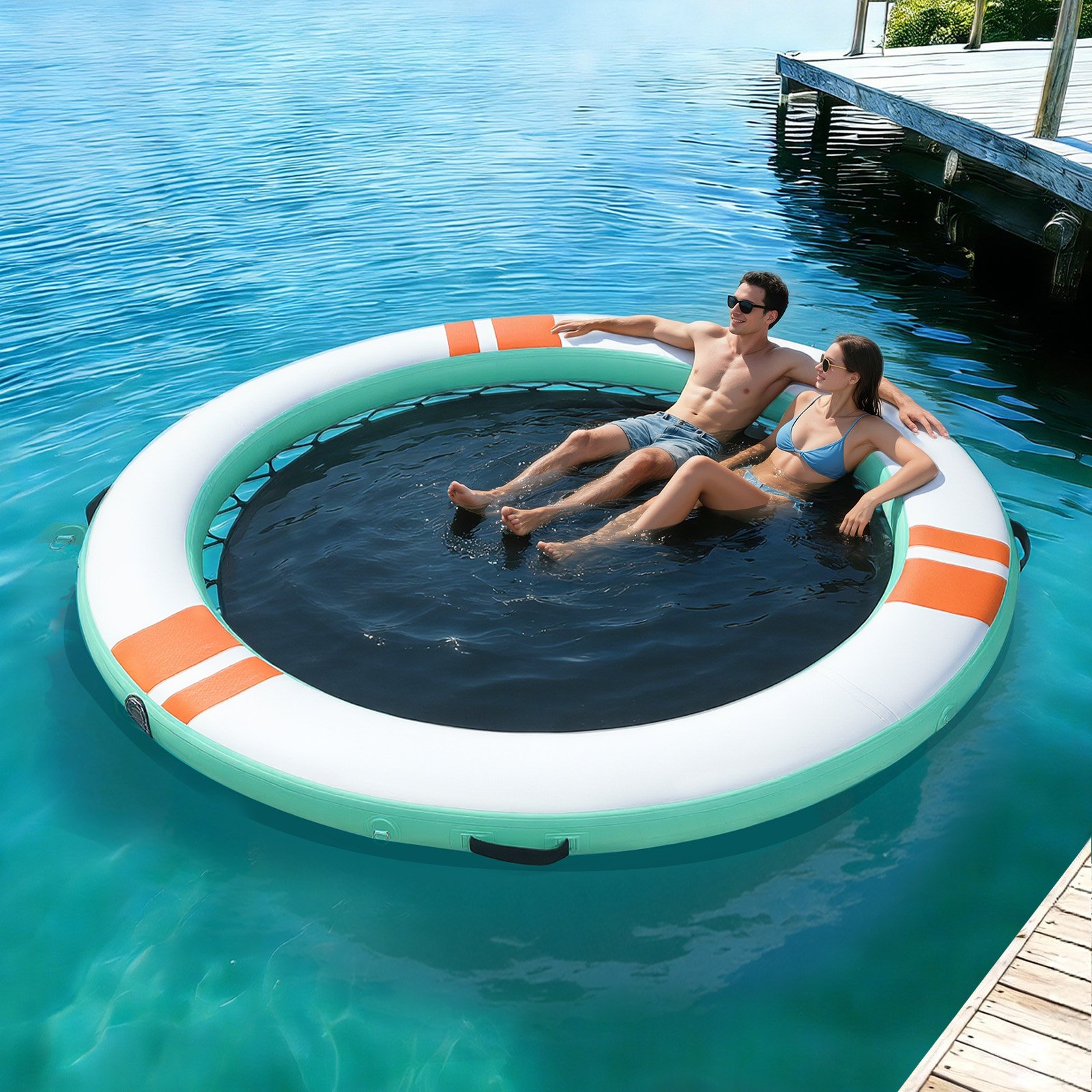 VEVOR Colchoneta para Piscina, Diámetro de 3,66 m, Flotador Inflable Gigante en Forma Redonda, con Malla Escalera Desmontable Bolsa de Transporte, Hamaca Inflable Isla de Agua para Piscina Playa Lago