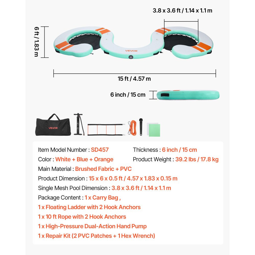 VEVOR Colchoneta para Piscina 4,57 x 1,83 m, Flotador Inflable Gigante en Forma de Serpiente, con Malla Escalera Desmontable Bomba Manual Bolsa, Hamaca Inflable Isla de Agua para Piscina Playa Lago