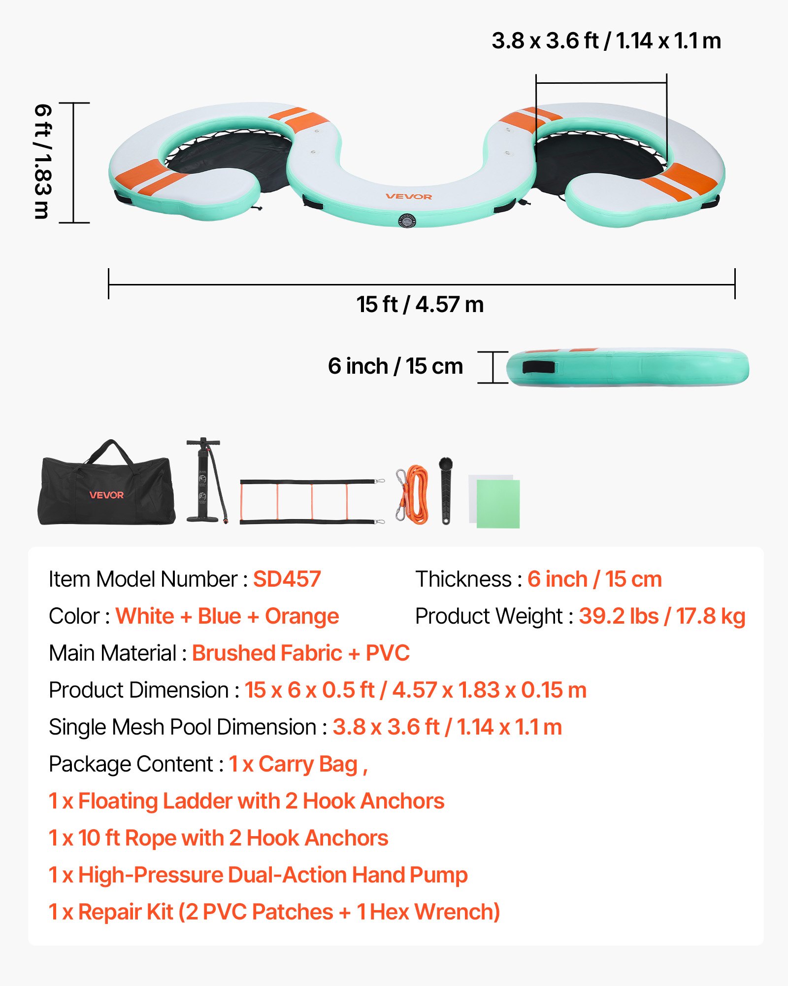 VEVOR Colchoneta para Piscina 4,57 x 1,83 m, Flotador Inflable Gigante en Forma de Serpiente, con Malla Escalera Desmontable Bomba Manual Bolsa, Hamaca Inflable Isla de Agua para Piscina Playa Lago