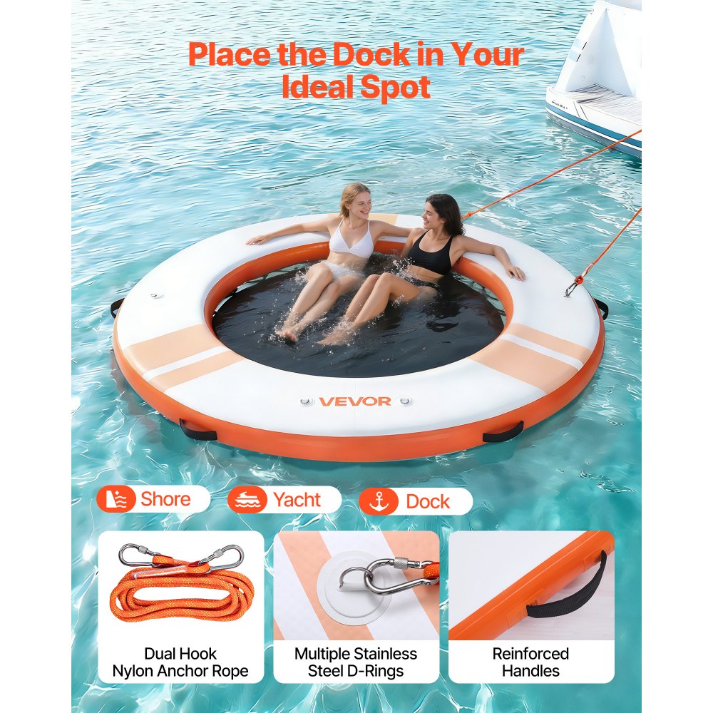 VEVOR Colchoneta para Piscina, Diámetro de 2,44 m, Flotador Inflable Gigante Redondo, con Centro de Malla Escalera Desmontable, Hamaca Inflable Isla de Agua para Piscina Playa Lago, Naranja y Blanco