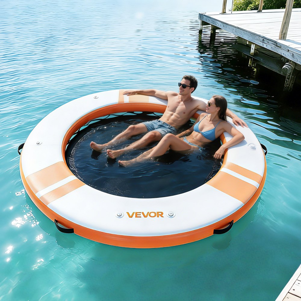 VEVOR Colchoneta para Piscina, Diámetro de 2,44 m, Flotador Inflable Gigante Redondo, con Centro de Malla Escalera Desmontable, Hamaca Inflable Isla de Agua para Piscina Playa Lago, Naranja y Blanco