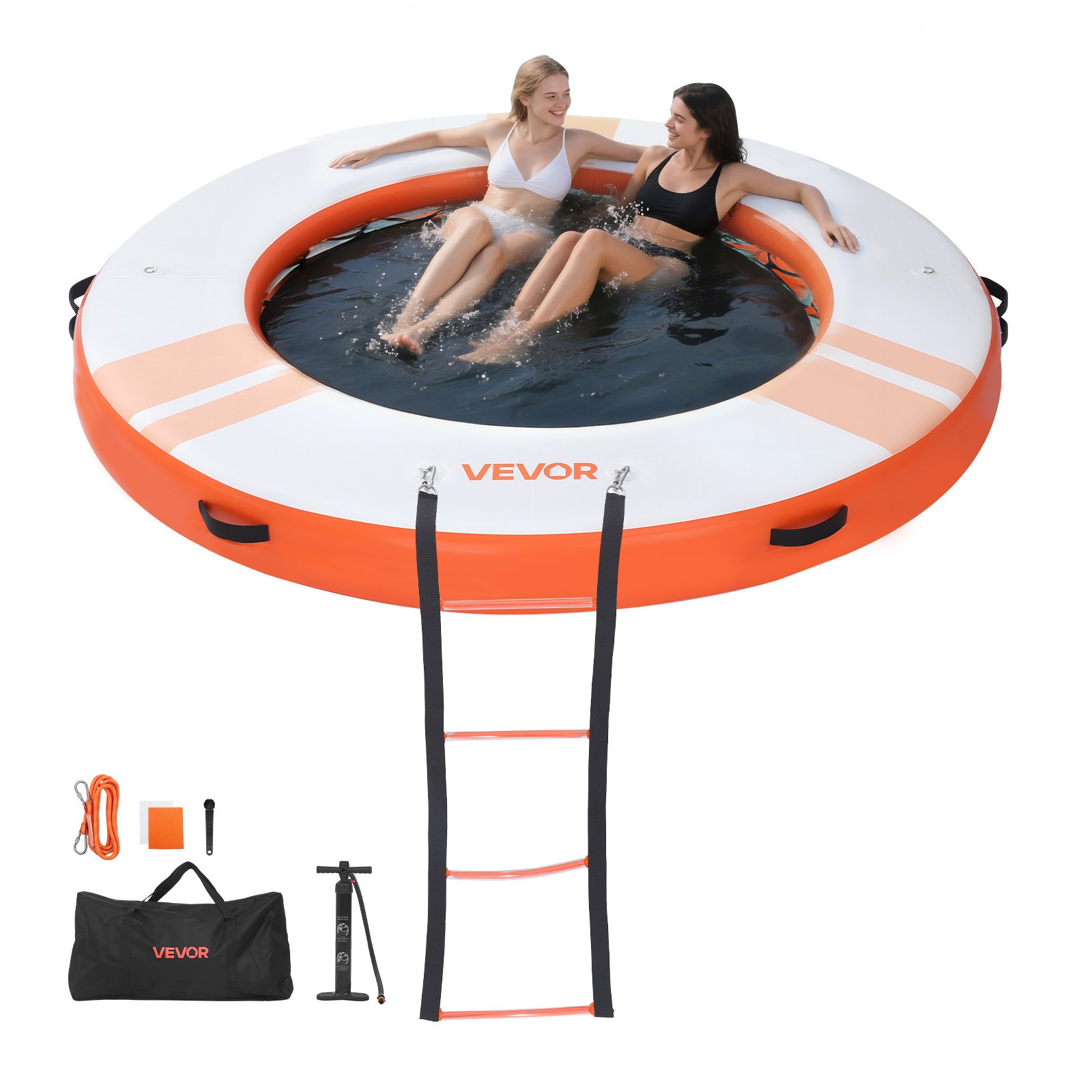 VEVOR Colchoneta para Piscina, Diámetro de 2,44 m, Flotador Inflable Gigante Redondo, con Centro de Malla Escalera Desmontable, Hamaca Inflable Isla de Agua para Piscina Playa Lago, Naranja y Blanco