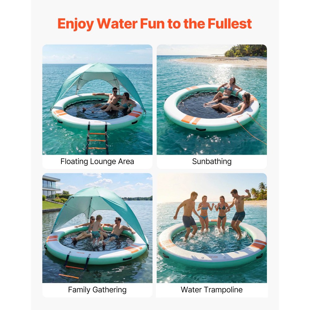 VEVOR Colchoneta para Piscina, Diámetro de 2,44 m, Flotador Inflable Redondo, con Malla Escalera Desmontable Toldo Parasol Bolsa de Transporte, Hamaca Inflable Isla de Agua para Piscina Playa Lago