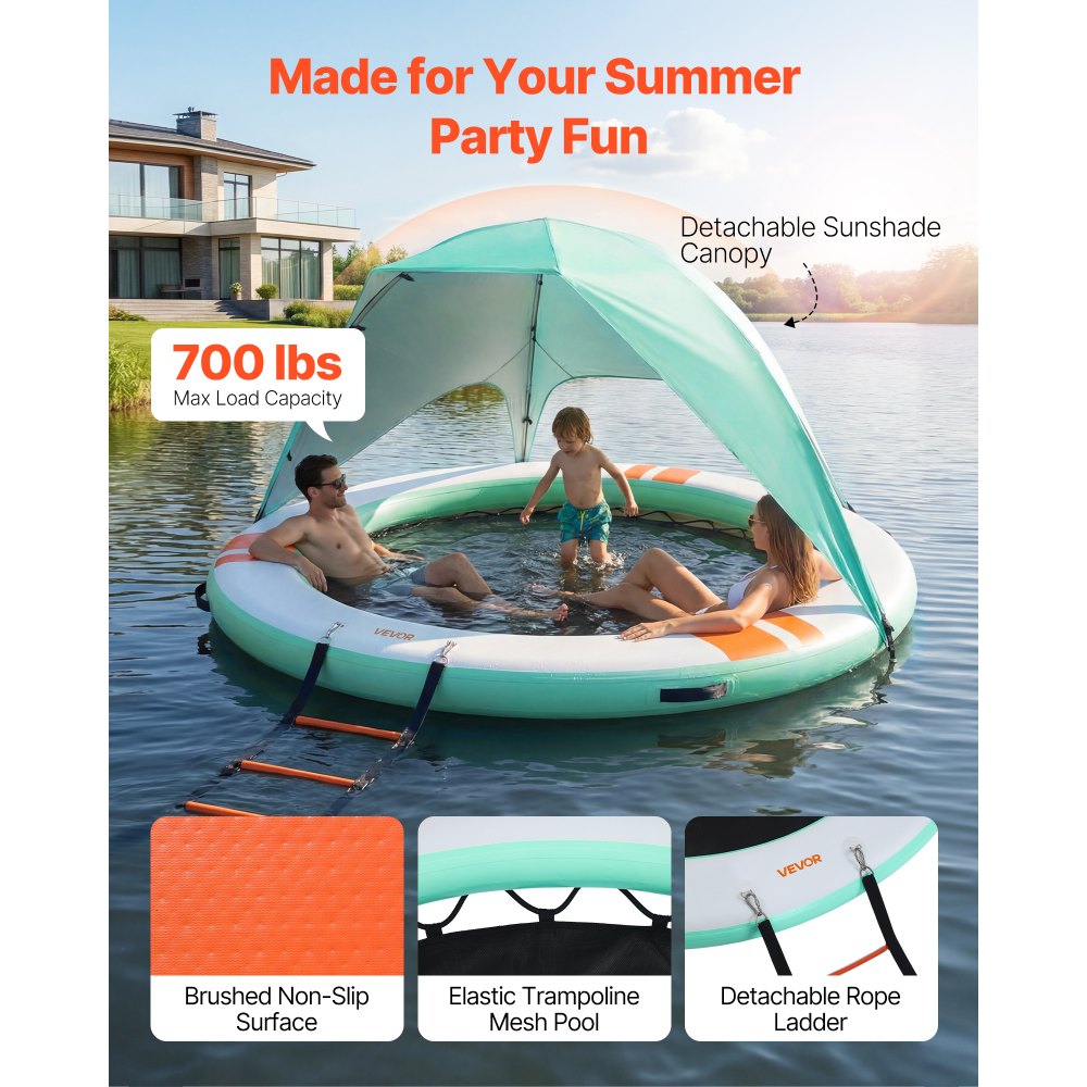 VEVOR Colchoneta para Piscina, Diámetro de 2,44 m, Flotador Inflable Redondo, con Malla Escalera Desmontable Toldo Parasol Bolsa de Transporte, Hamaca Inflable Isla de Agua para Piscina Playa Lago