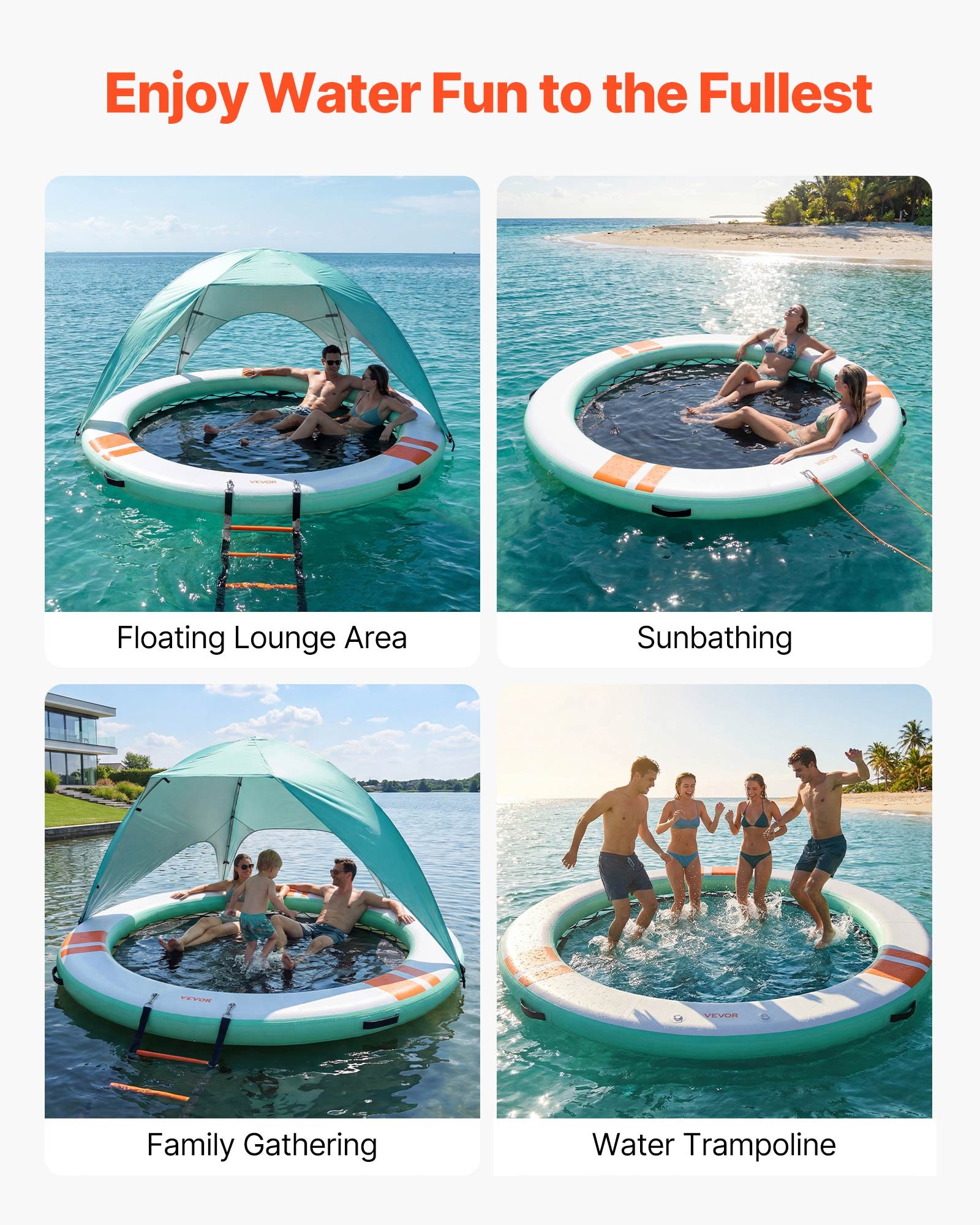 VEVOR Colchoneta para Piscina, Diámetro de 2,44 m, Flotador Inflable Redondo, con Malla Escalera Desmontable Toldo Parasol Bolsa de Transporte, Hamaca Inflable Isla de Agua para Piscina Playa Lago