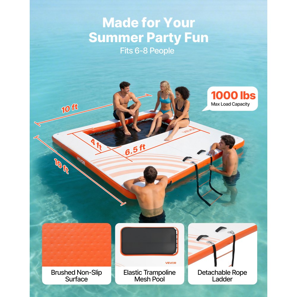 VEVOR Colchoneta para Piscina 3,05 x 3,05 m, Flotador Inflable Gigante Cuadrado, con Malla Escalera Desmontable Bomba Manual, Hamaca Inflable Isla de Agua para Piscina Playa Lago, Blanco y Naranja