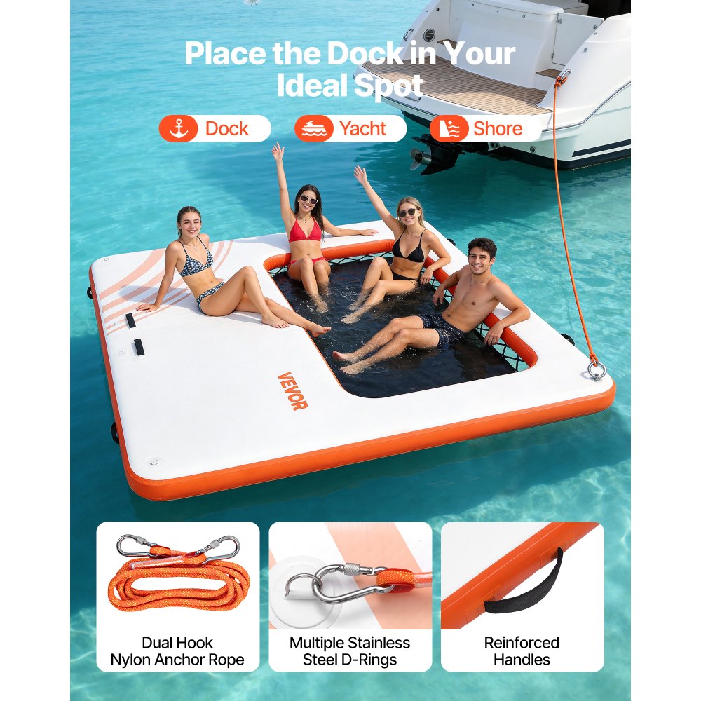 VEVOR Colchoneta para Piscina 3,05 x 3,05 m, Flotador Inflable Gigante Cuadrado, con Malla Escalera Desmontable Bomba Manual, Hamaca Inflable Isla de Agua para Piscina Playa Lago, Blanco y Naranja