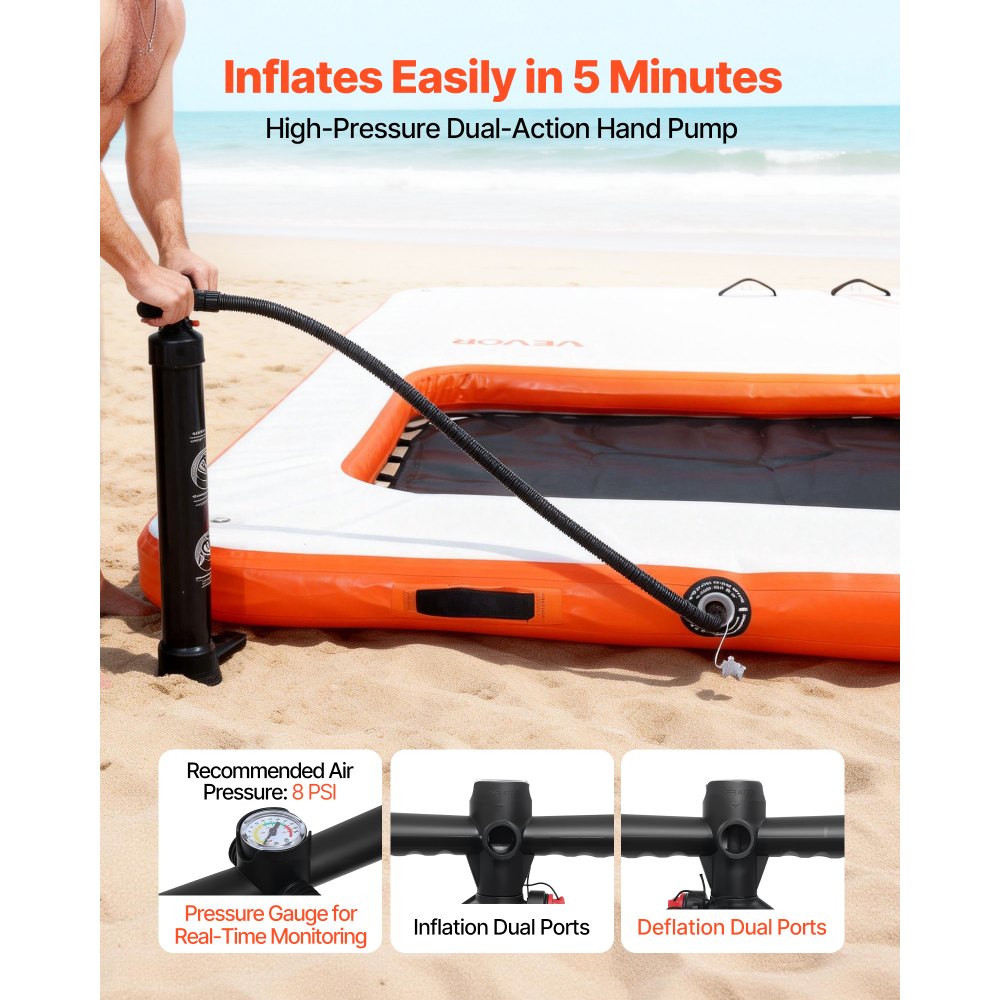VEVOR Colchoneta para Piscina 3,05 x 3,05 m, Flotador Inflable Gigante Cuadrado, con Malla Escalera Desmontable Bomba Manual, Hamaca Inflable Isla de Agua para Piscina Playa Lago, Blanco y Naranja