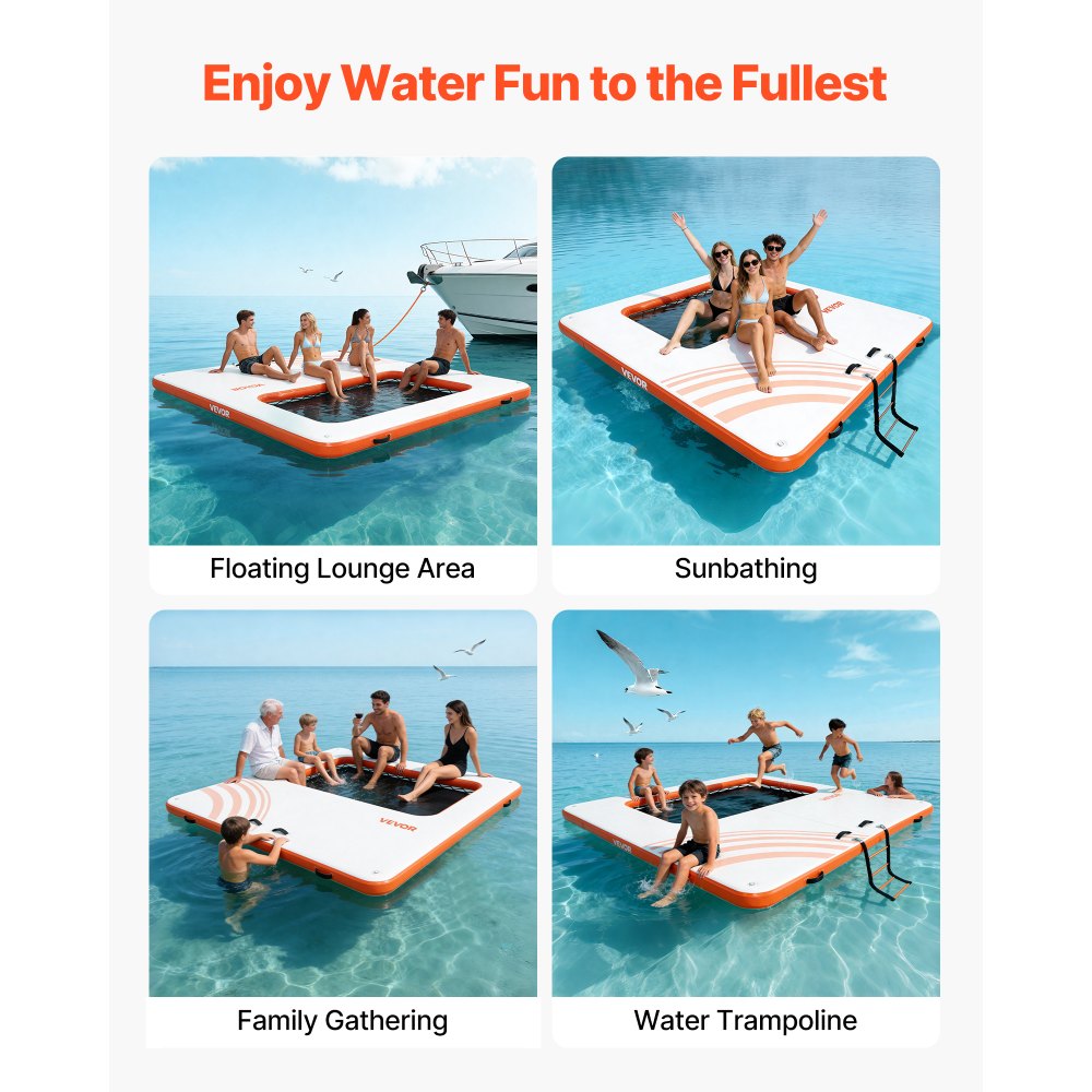 VEVOR Colchoneta para Piscina 3,05 x 3,05 m, Flotador Inflable Gigante Cuadrado, con Malla Escalera Desmontable Bomba Manual, Hamaca Inflable Isla de Agua para Piscina Playa Lago, Blanco y Naranja