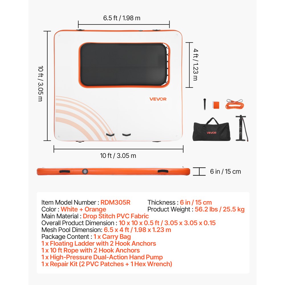 VEVOR Colchoneta para Piscina 3,05 x 3,05 m, Flotador Inflable Gigante Cuadrado, con Malla Escalera Desmontable Bomba Manual, Hamaca Inflable Isla de Agua para Piscina Playa Lago, Blanco y Naranja