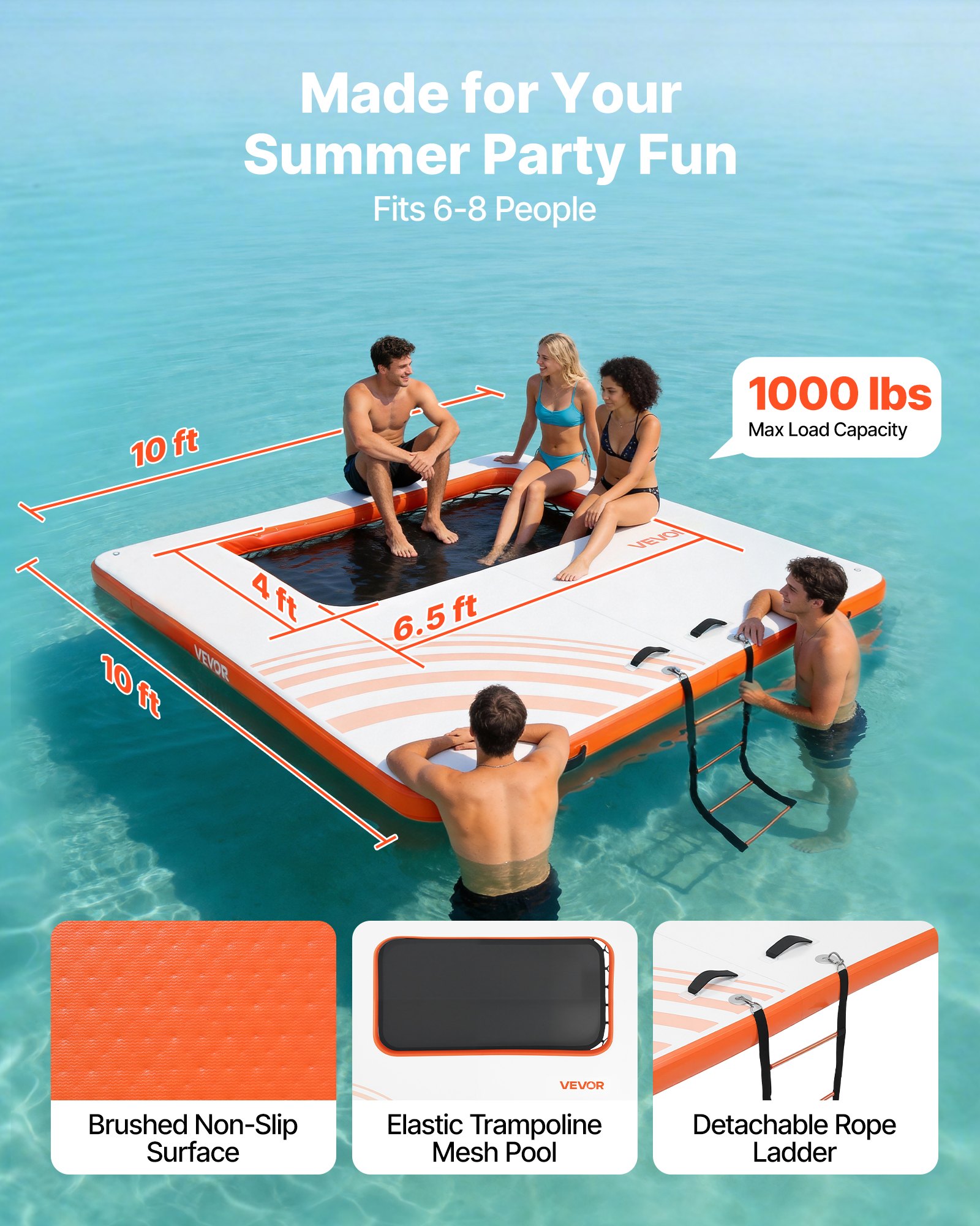 VEVOR Colchoneta para Piscina 3,05 x 3,05 m, Flotador Inflable Gigante Cuadrado, con Malla Escalera Desmontable Bomba Manual, Hamaca Inflable Isla de Agua para Piscina Playa Lago, Blanco y Naranja