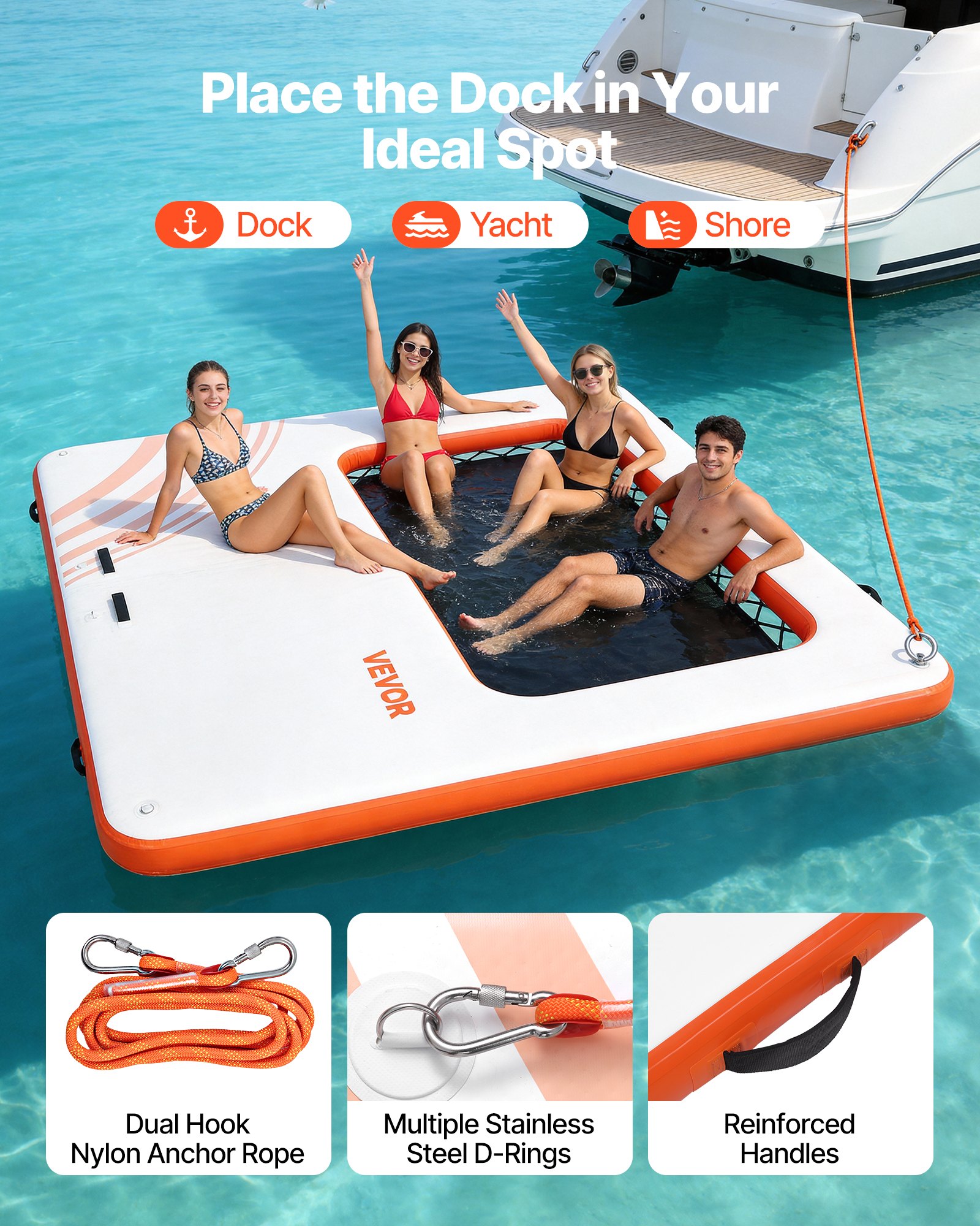 VEVOR Colchoneta para Piscina 3,05 x 3,05 m, Flotador Inflable Gigante Cuadrado, con Malla Escalera Desmontable Bomba Manual, Hamaca Inflable Isla de Agua para Piscina Playa Lago, Blanco y Naranja