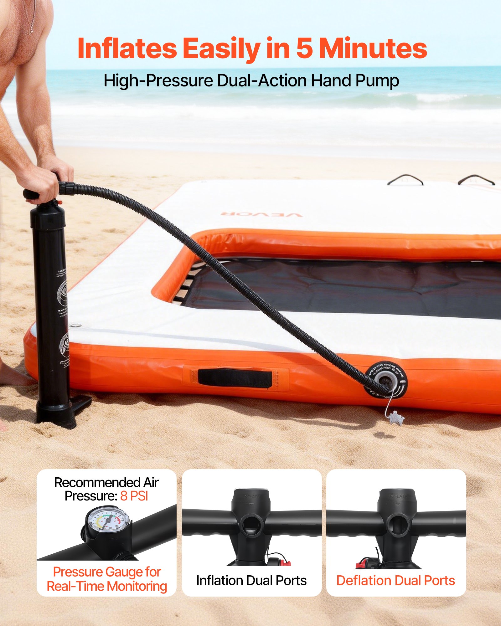 VEVOR Colchoneta para Piscina 3,05 x 3,05 m, Flotador Inflable Gigante Cuadrado, con Malla Escalera Desmontable Bomba Manual, Hamaca Inflable Isla de Agua para Piscina Playa Lago, Blanco y Naranja