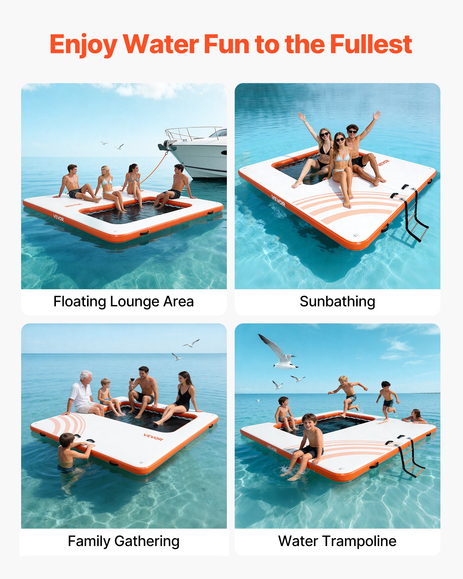 VEVOR Colchoneta para Piscina 3,05 x 3,05 m, Flotador Inflable Gigante Cuadrado, con Malla Escalera Desmontable Bomba Manual, Hamaca Inflable Isla de Agua para Piscina Playa Lago, Blanco y Naranja
