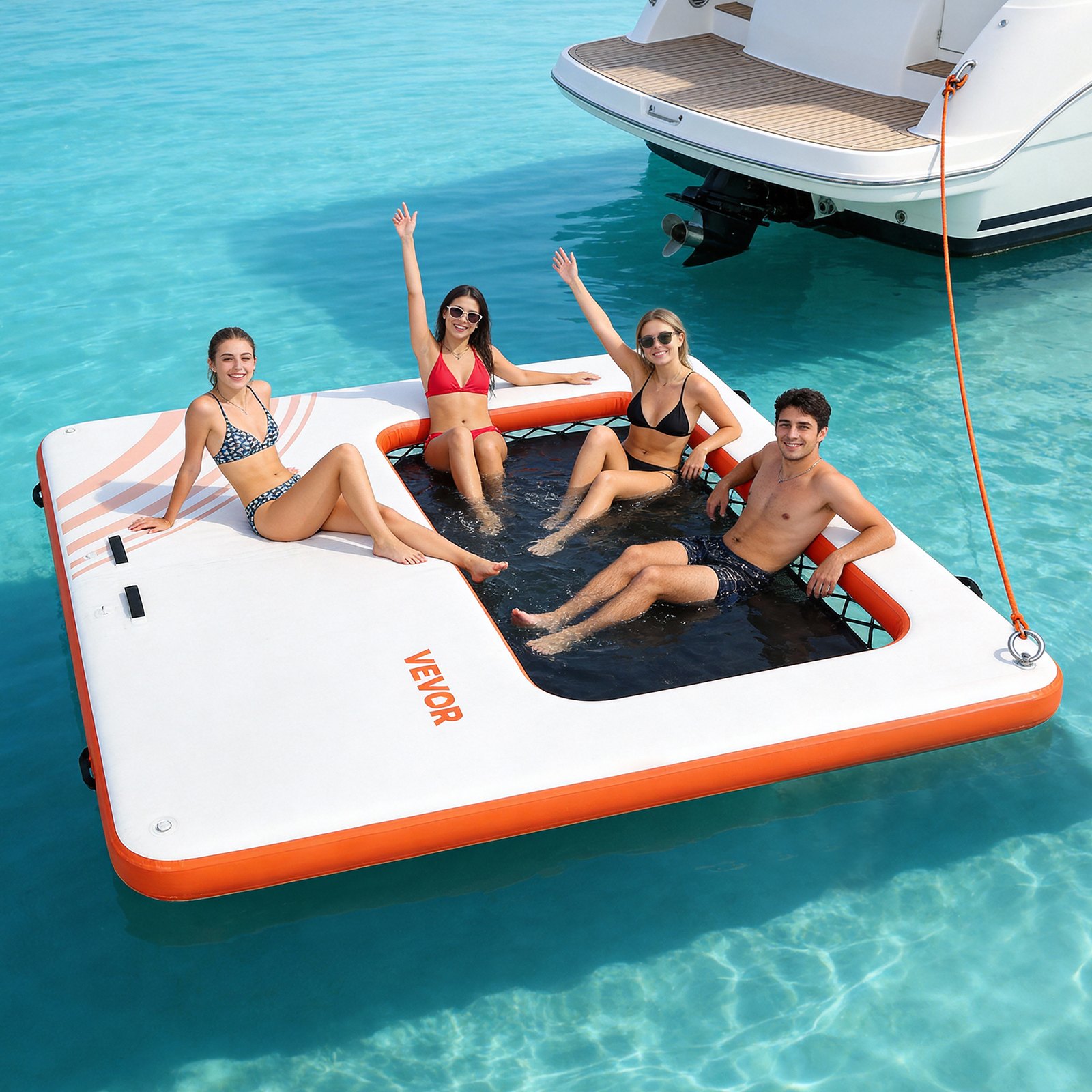 VEVOR Colchoneta para Piscina 3,05 x 3,05 m, Flotador Inflable Gigante Cuadrado, con Malla Escalera Desmontable Bomba Manual, Hamaca Inflable Isla de Agua para Piscina Playa Lago, Blanco y Naranja
