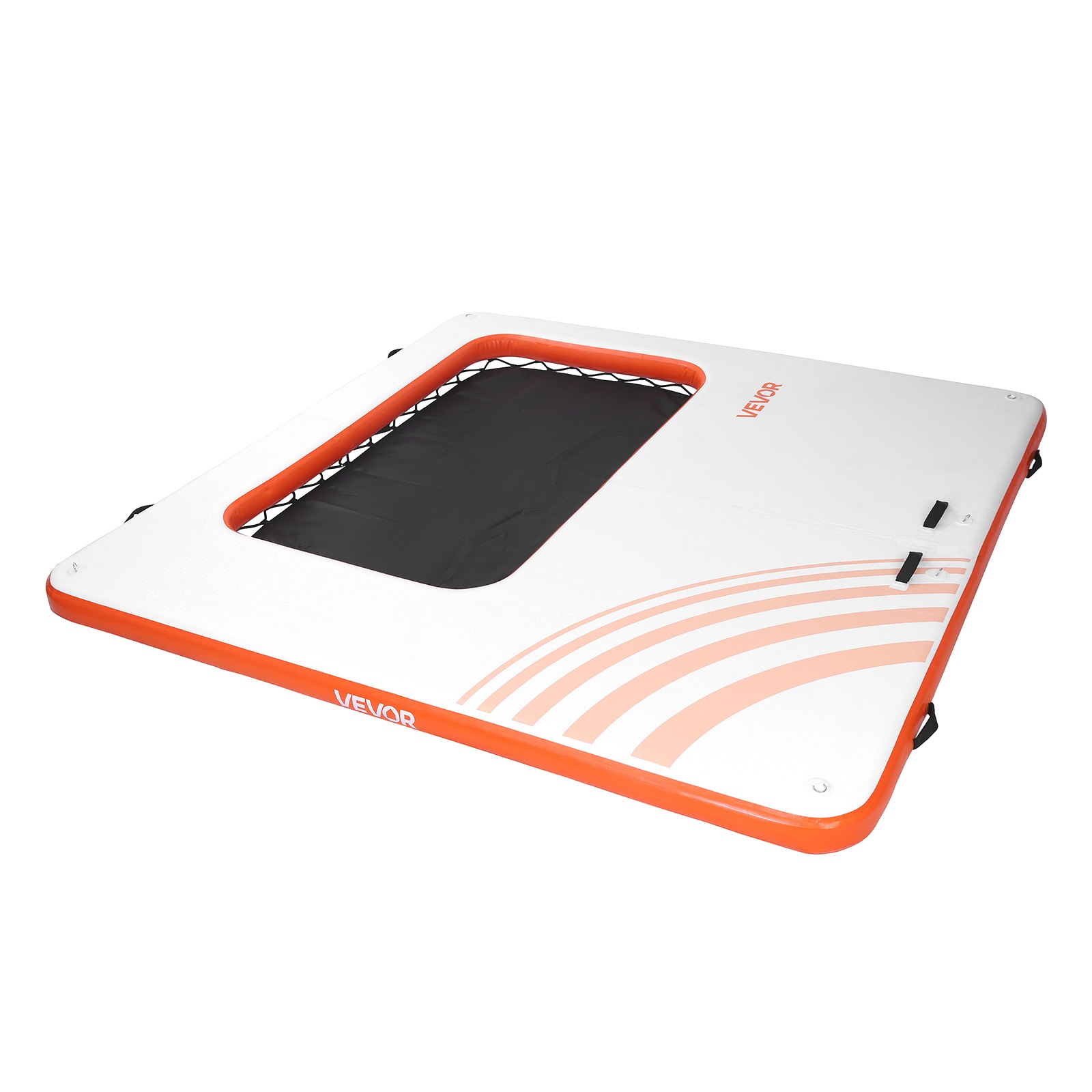 VEVOR Colchoneta para Piscina 3,05 x 3,05 m, Flotador Inflable Gigante Cuadrado, con Malla Escalera Desmontable Bomba Manual, Hamaca Inflable Isla de Agua para Piscina Playa Lago, Blanco y Naranja