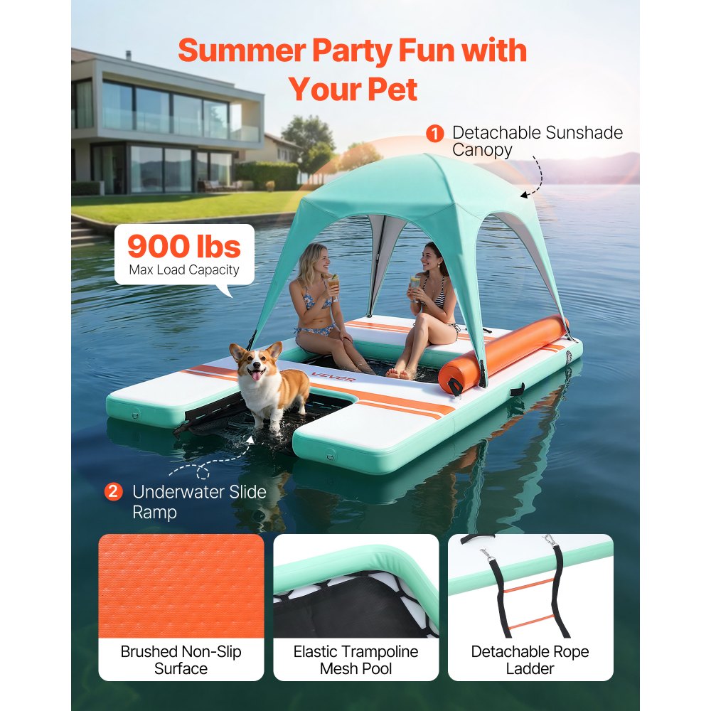 VEVOR Colchoneta para Piscina 3,05 x 1,83 m, Flotador Inflable Gigante Rectangular, con Malla Toldo Parasol Escalera Desmontable Rampa de Tobogán, Hamaca Inflable Isla de Agua para Piscina Playa Lago