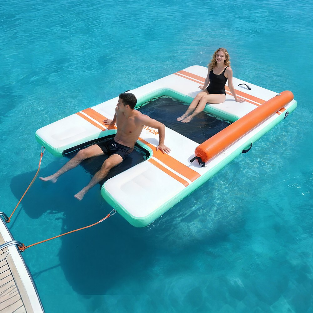 VEVOR Colchoneta para Piscina 3,05 x 1,83 m, Flotador Inflable Gigante Rectangular, con Malla Toldo Parasol Escalera Desmontable Rampa de Tobogán, Hamaca Inflable Isla de Agua para Piscina Playa Lago