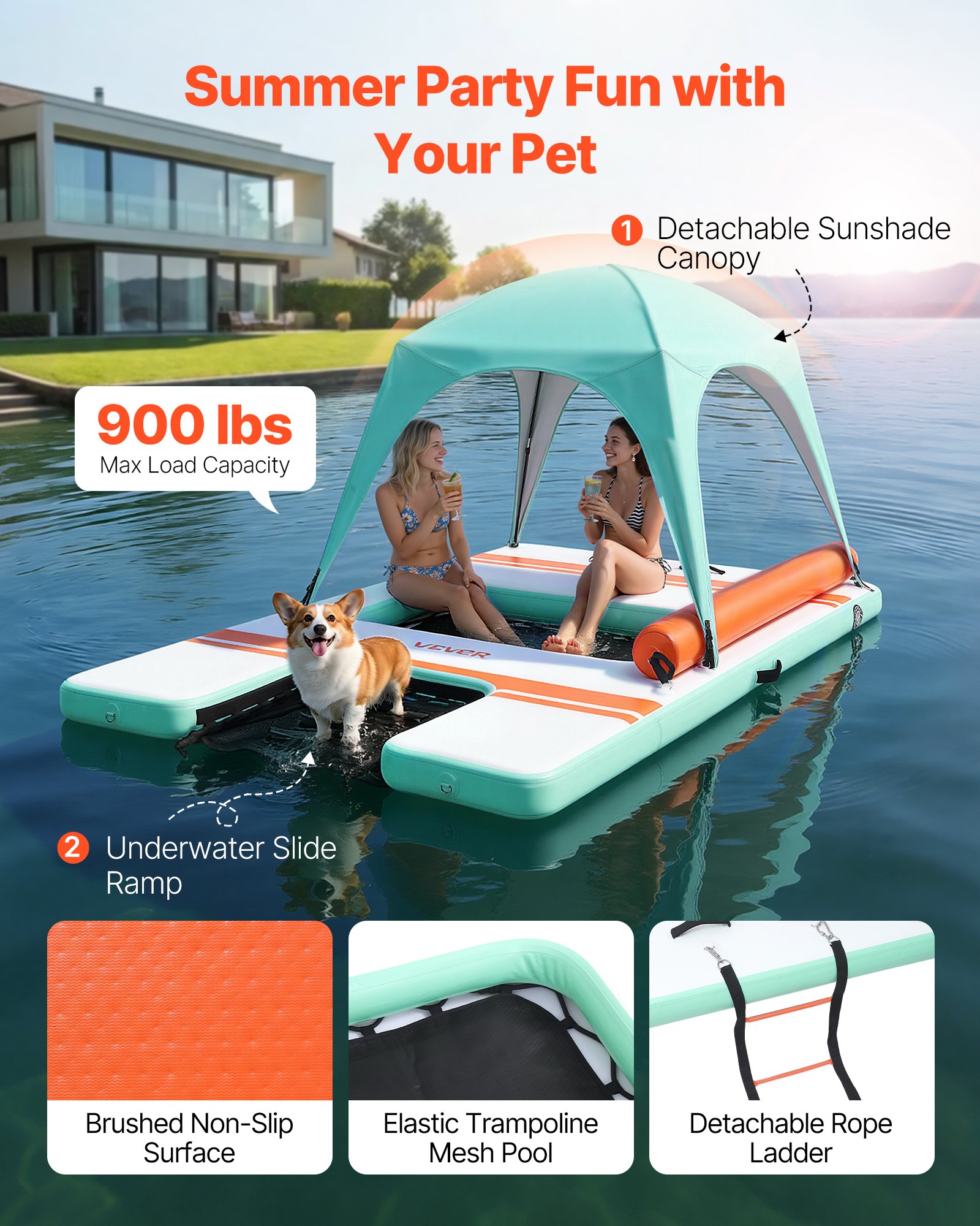 VEVOR Colchoneta para Piscina 3,05 x 1,83 m, Flotador Inflable Gigante Rectangular, con Malla Toldo Parasol Escalera Desmontable Rampa de Tobogán, Hamaca Inflable Isla de Agua para Piscina Playa Lago