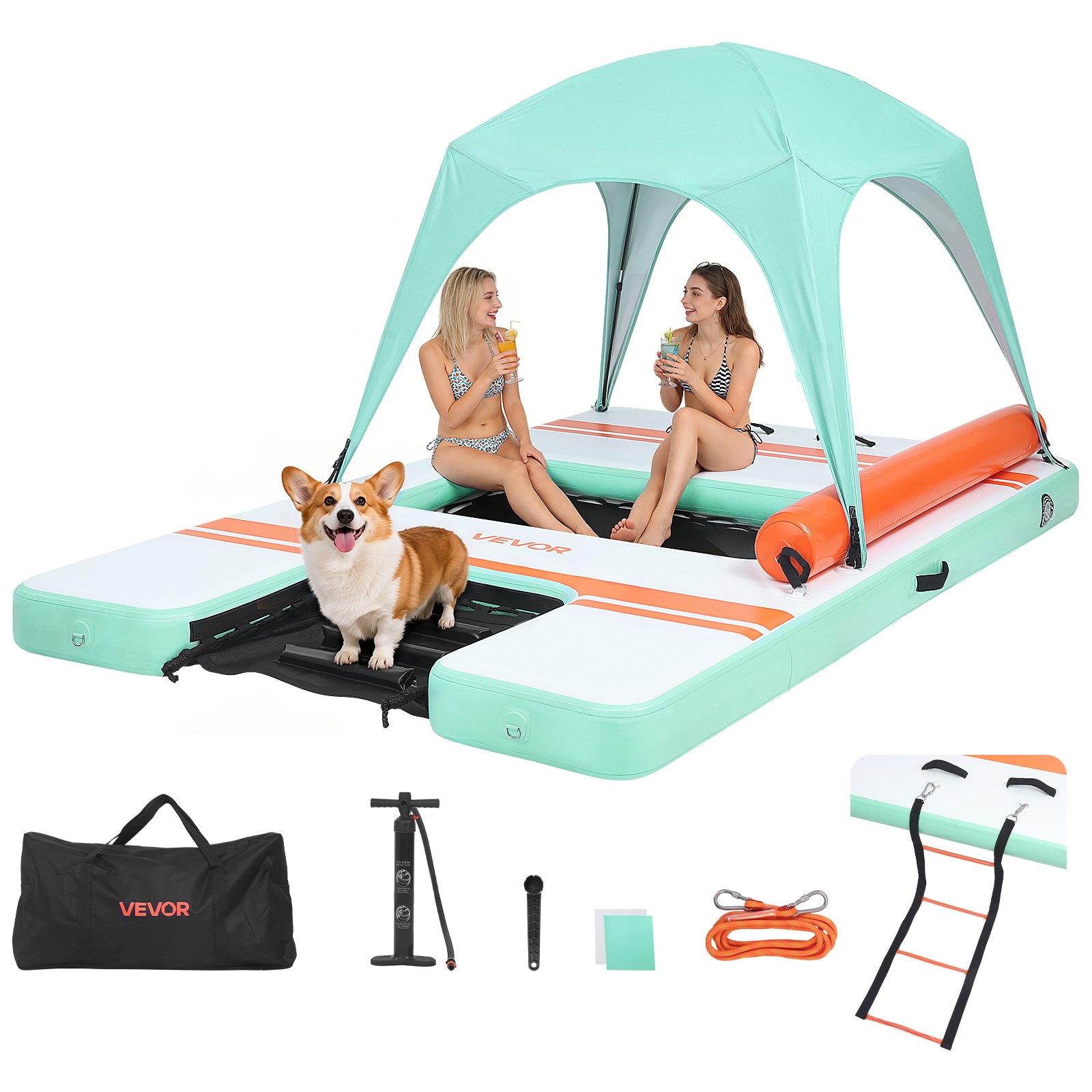 VEVOR Colchoneta para Piscina 3,05 x 1,83 m, Flotador Inflable Gigante Rectangular, con Malla Toldo Parasol Escalera Desmontable Rampa de Tobogán, Hamaca Inflable Isla de Agua para Piscina Playa Lago