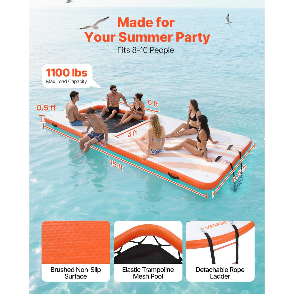 VEVOR Colchoneta para Piscina 4,57 x 1,98 m, Flotador Inflable Rectangular, con Malla Escalera Bomba Manual, Antideslizante Antifuga, Hamaca Inflable Isla de Agua para Playa Lago, Naranja y Blanco