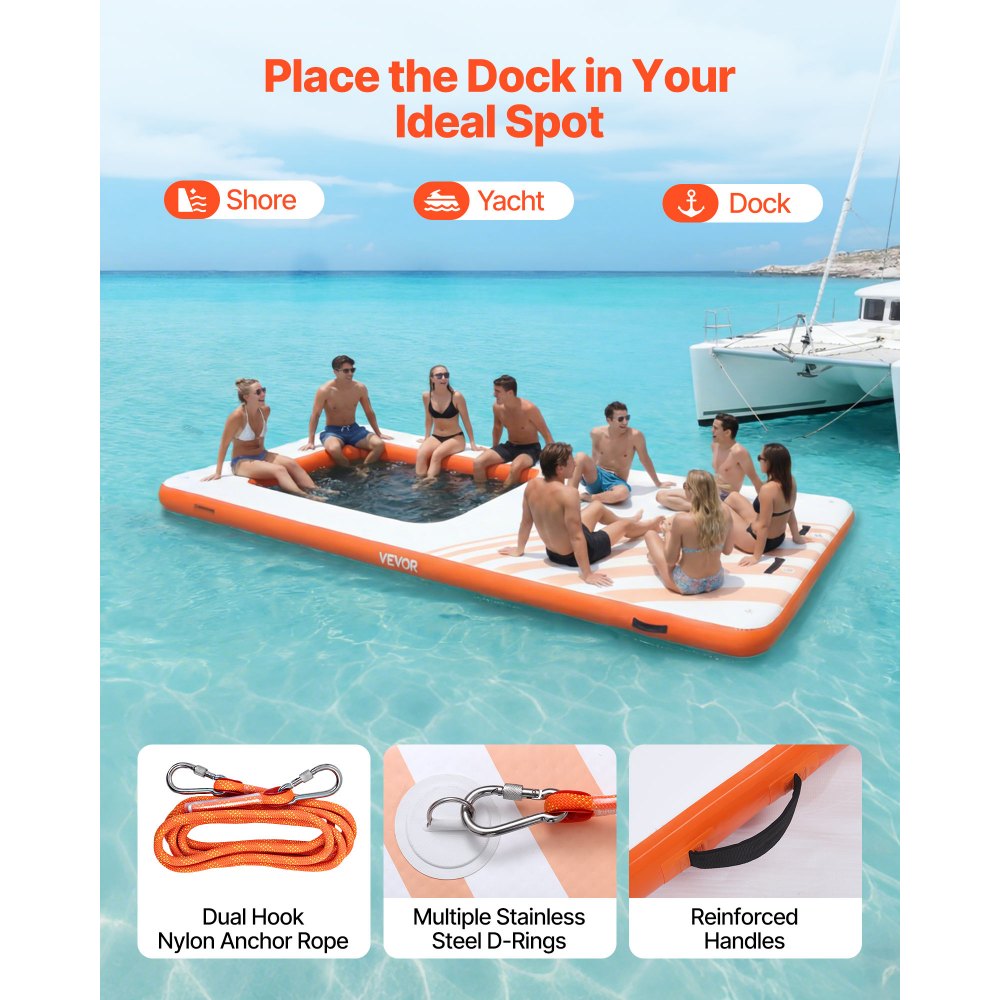 VEVOR Colchoneta para Piscina 4,57 x 1,98 m, Flotador Inflable Rectangular, con Malla Escalera Bomba Manual, Antideslizante Antifuga, Hamaca Inflable Isla de Agua para Playa Lago, Naranja y Blanco