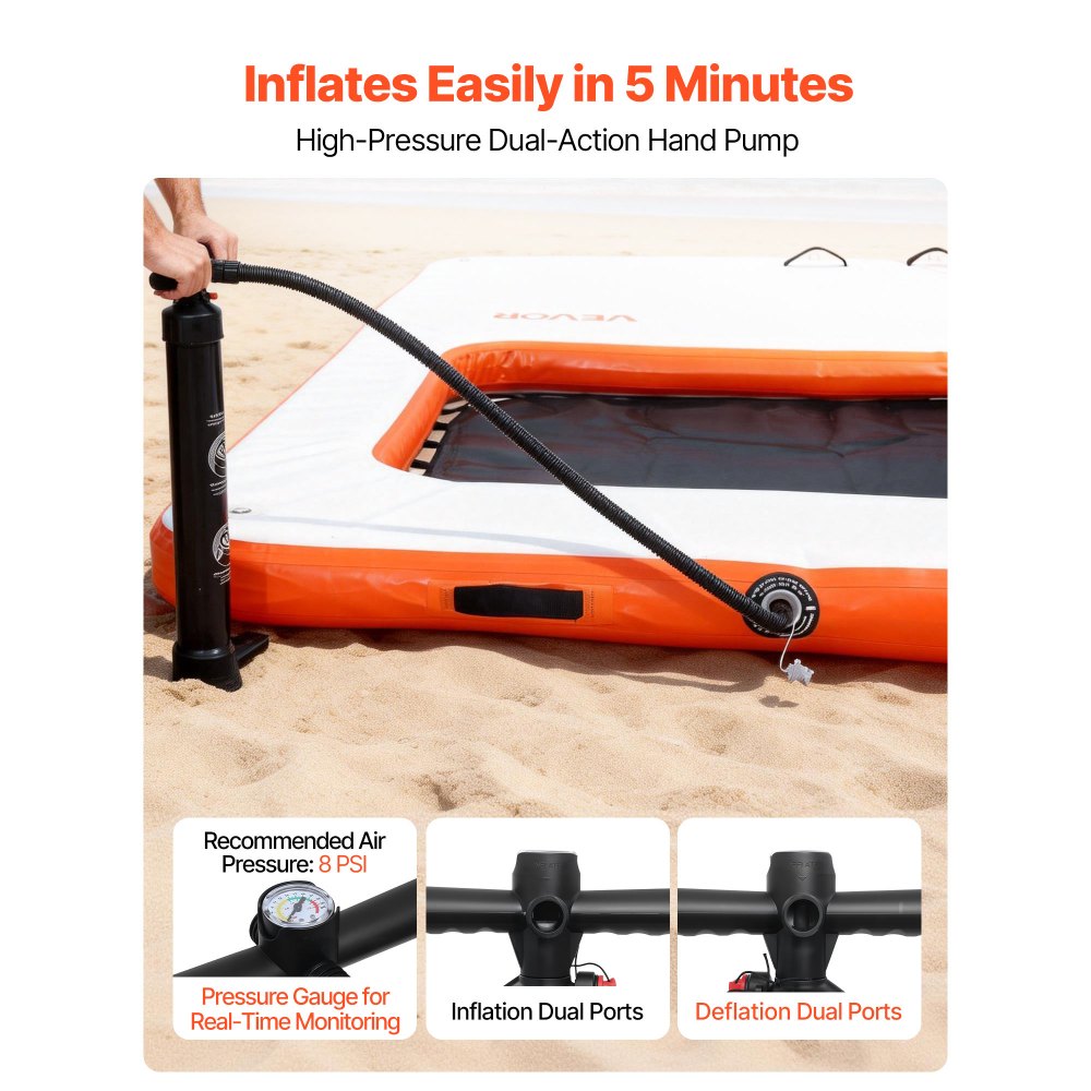 VEVOR Colchoneta para Piscina 4,57 x 1,98 m, Flotador Inflable Rectangular, con Malla Escalera Bomba Manual, Antideslizante Antifuga, Hamaca Inflable Isla de Agua para Playa Lago, Naranja y Blanco