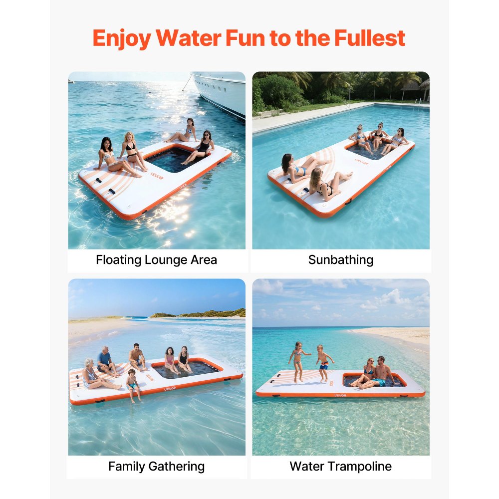 VEVOR Colchoneta para Piscina 4,57 x 1,98 m, Flotador Inflable Rectangular, con Malla Escalera Bomba Manual, Antideslizante Antifuga, Hamaca Inflable Isla de Agua para Playa Lago, Naranja y Blanco