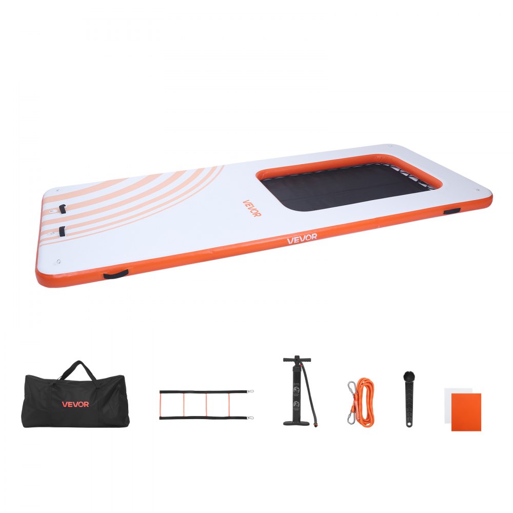 VEVOR Colchoneta para Piscina 4,57 x 1,98 m, Flotador Inflable Rectangular, con Malla Escalera Bomba Manual, Antideslizante Antifuga, Hamaca Inflable Isla de Agua para Playa Lago, Naranja y Blanco