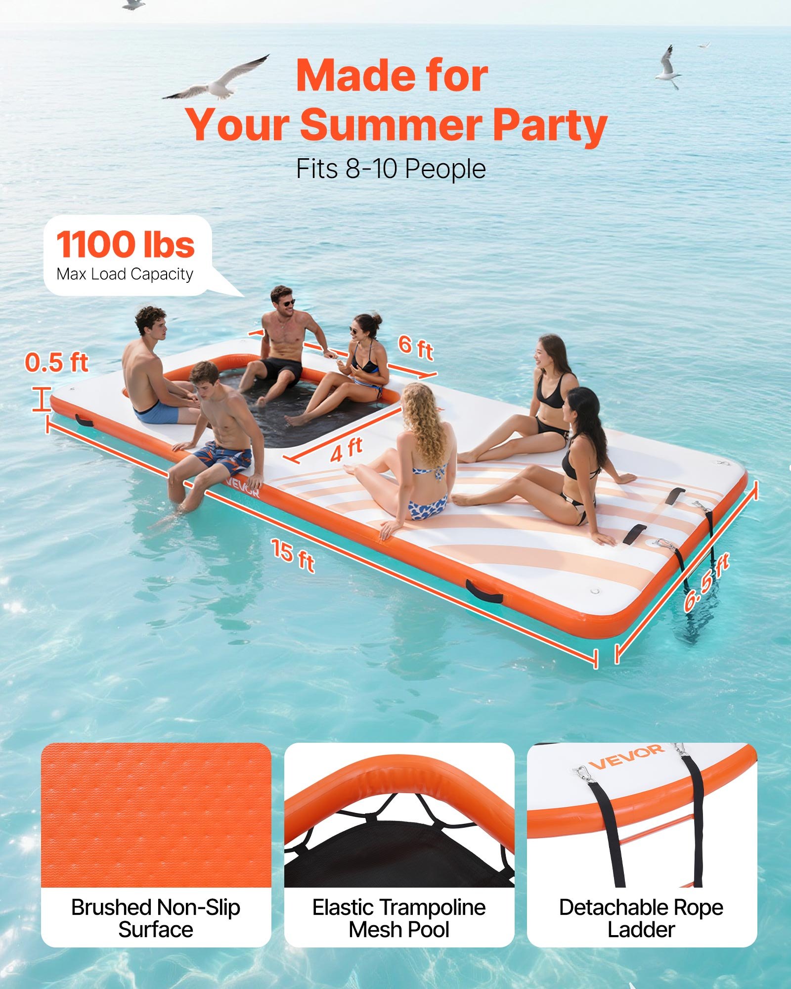 VEVOR Colchoneta para Piscina 4,57 x 1,98 m, Flotador Inflable Rectangular, con Malla Escalera Bomba Manual, Antideslizante Antifuga, Hamaca Inflable Isla de Agua para Playa Lago, Naranja y Blanco