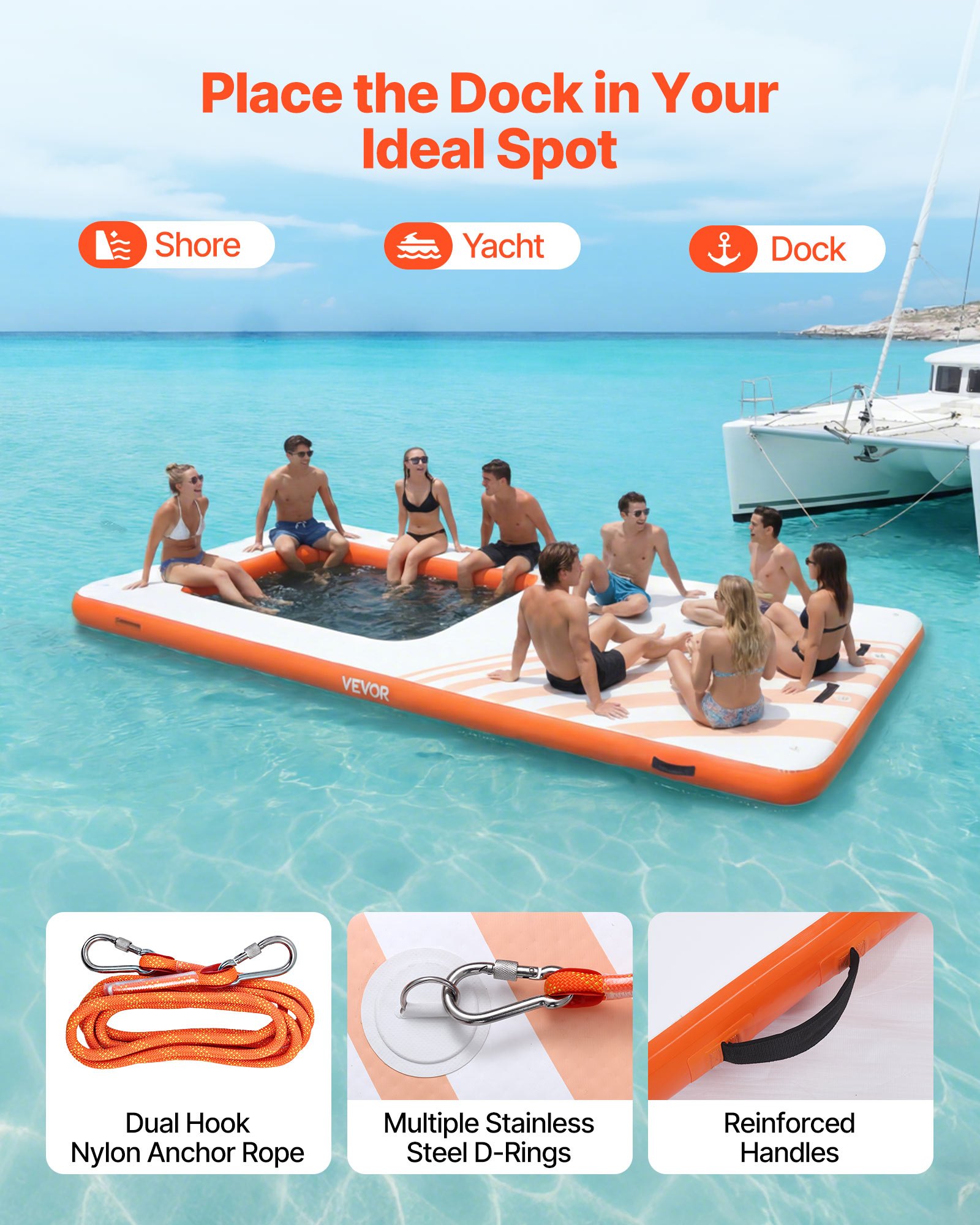 VEVOR Colchoneta para Piscina 4,57 x 1,98 m, Flotador Inflable Rectangular, con Malla Escalera Bomba Manual, Antideslizante Antifuga, Hamaca Inflable Isla de Agua para Playa Lago, Naranja y Blanco