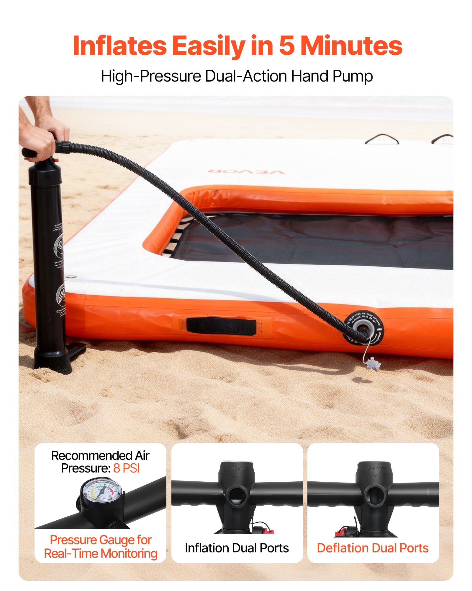 VEVOR Colchoneta para Piscina 4,57 x 1,98 m, Flotador Inflable Rectangular, con Malla Escalera Bomba Manual, Antideslizante Antifuga, Hamaca Inflable Isla de Agua para Playa Lago, Naranja y Blanco