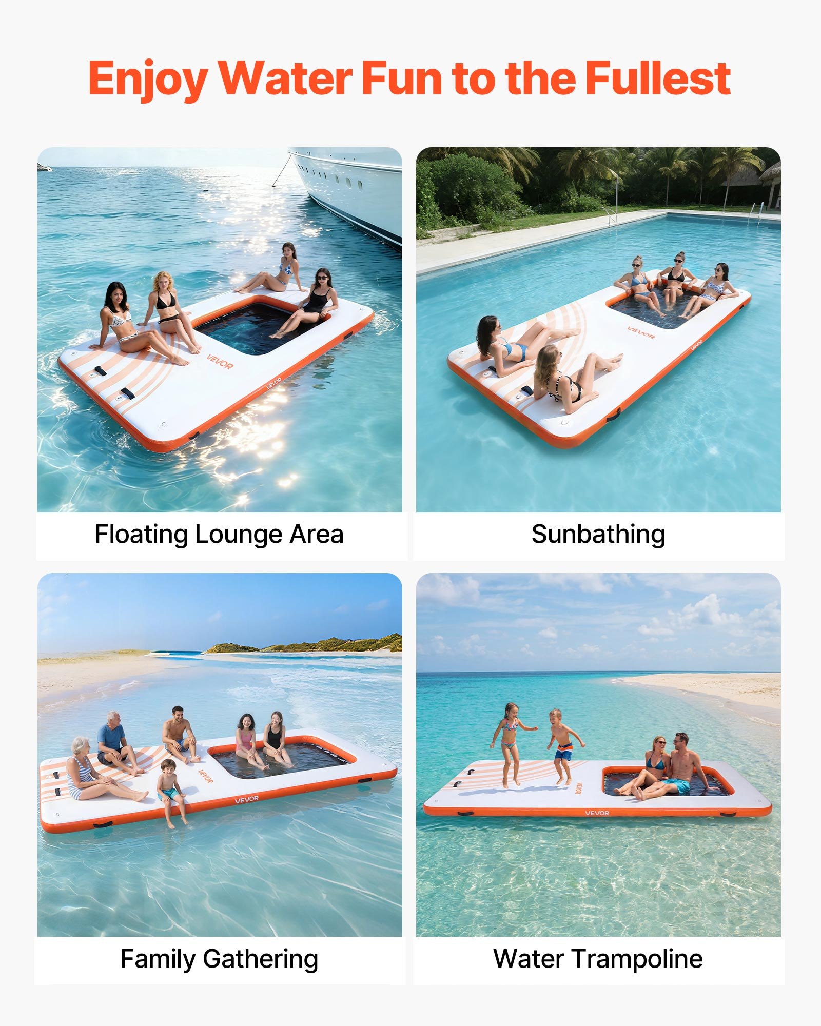 VEVOR Colchoneta para Piscina 4,57 x 1,98 m, Flotador Inflable Rectangular, con Malla Escalera Bomba Manual, Antideslizante Antifuga, Hamaca Inflable Isla de Agua para Playa Lago, Naranja y Blanco
