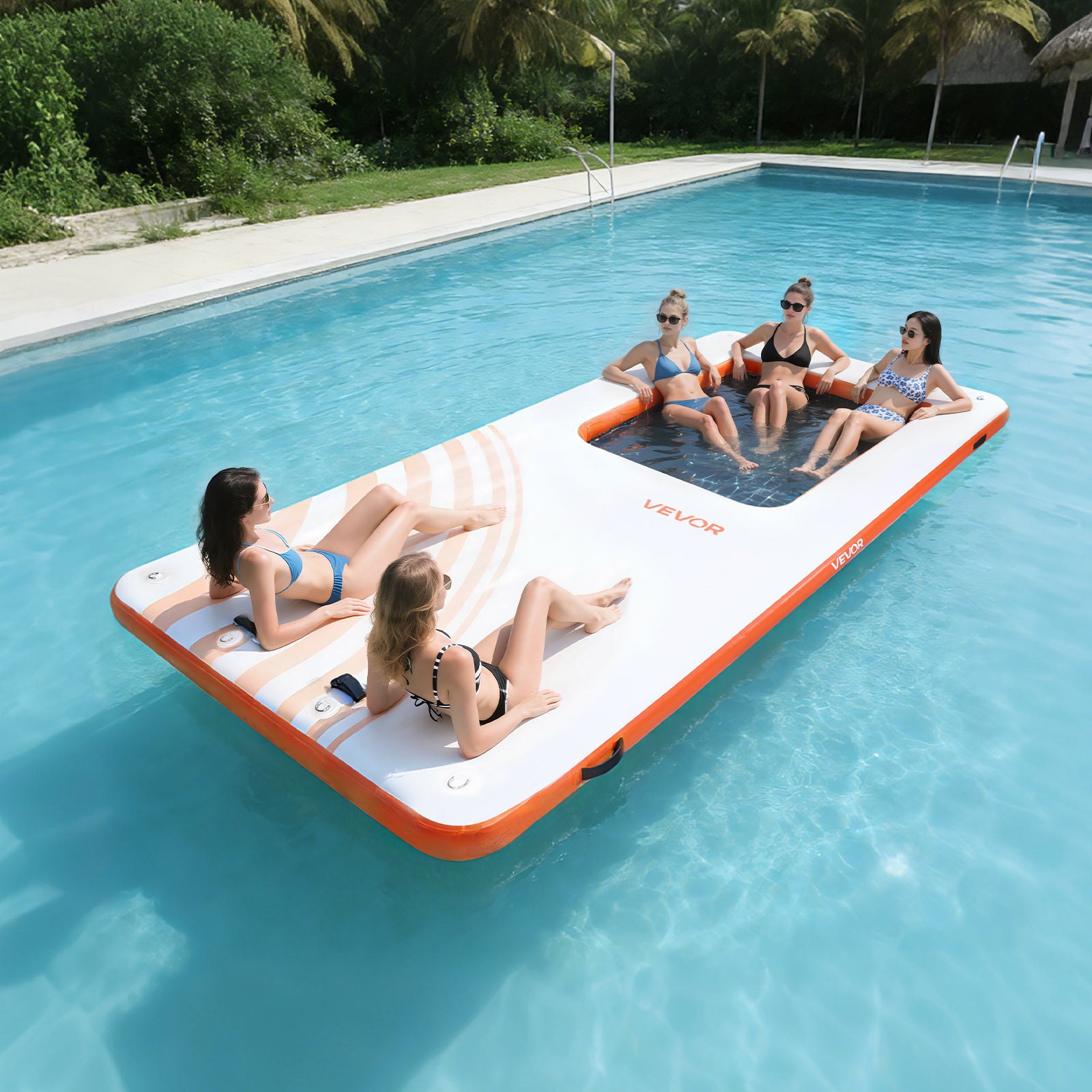 VEVOR Colchoneta para Piscina 4,57 x 1,98 m, Flotador Inflable Rectangular, con Malla Escalera Bomba Manual, Antideslizante Antifuga, Hamaca Inflable Isla de Agua para Playa Lago, Naranja y Blanco