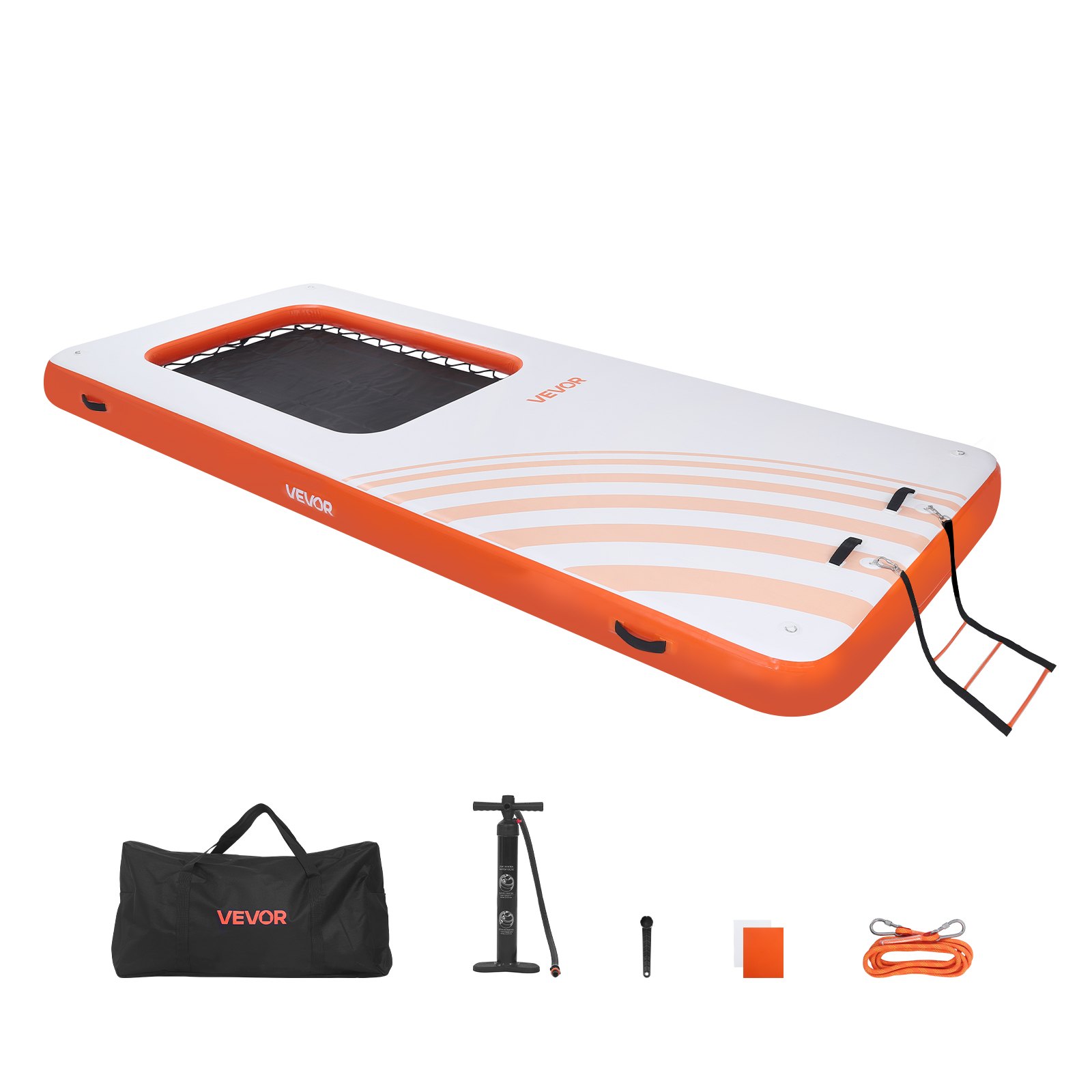 VEVOR Colchoneta para Piscina 4,57 x 1,98 m, Flotador Inflable Rectangular, con Malla Escalera Bomba Manual, Antideslizante Antifuga, Hamaca Inflable Isla de Agua para Playa Lago, Naranja y Blanco