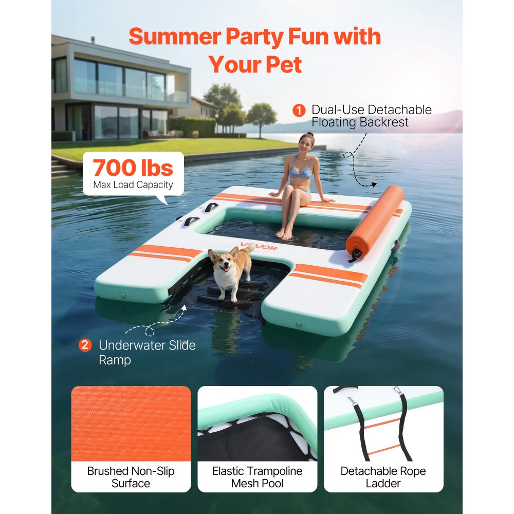 VEVOR Colchoneta para Piscina 2,44 x 1,83 m, Flotador Inflable Gigante en Forma de Rectángulo, con Malla Escalera Desmontable Rampa de Tobogán, Hamaca Inflable Isla de Agua para Piscina Playa Lago
