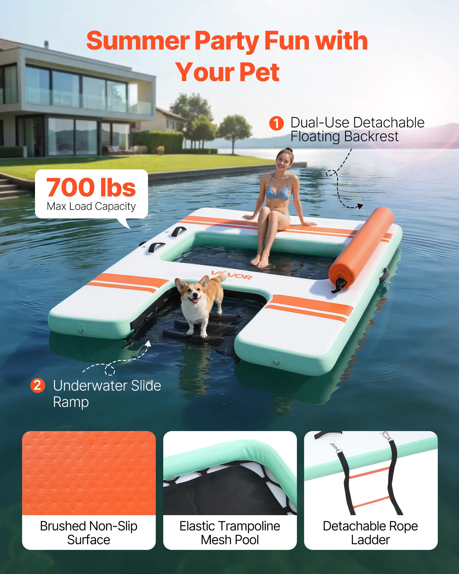 VEVOR Colchoneta para Piscina 2,44 x 1,83 m, Flotador Inflable Gigante en Forma de Rectángulo, con Malla Escalera Desmontable Rampa de Tobogán, Hamaca Inflable Isla de Agua para Piscina Playa Lago