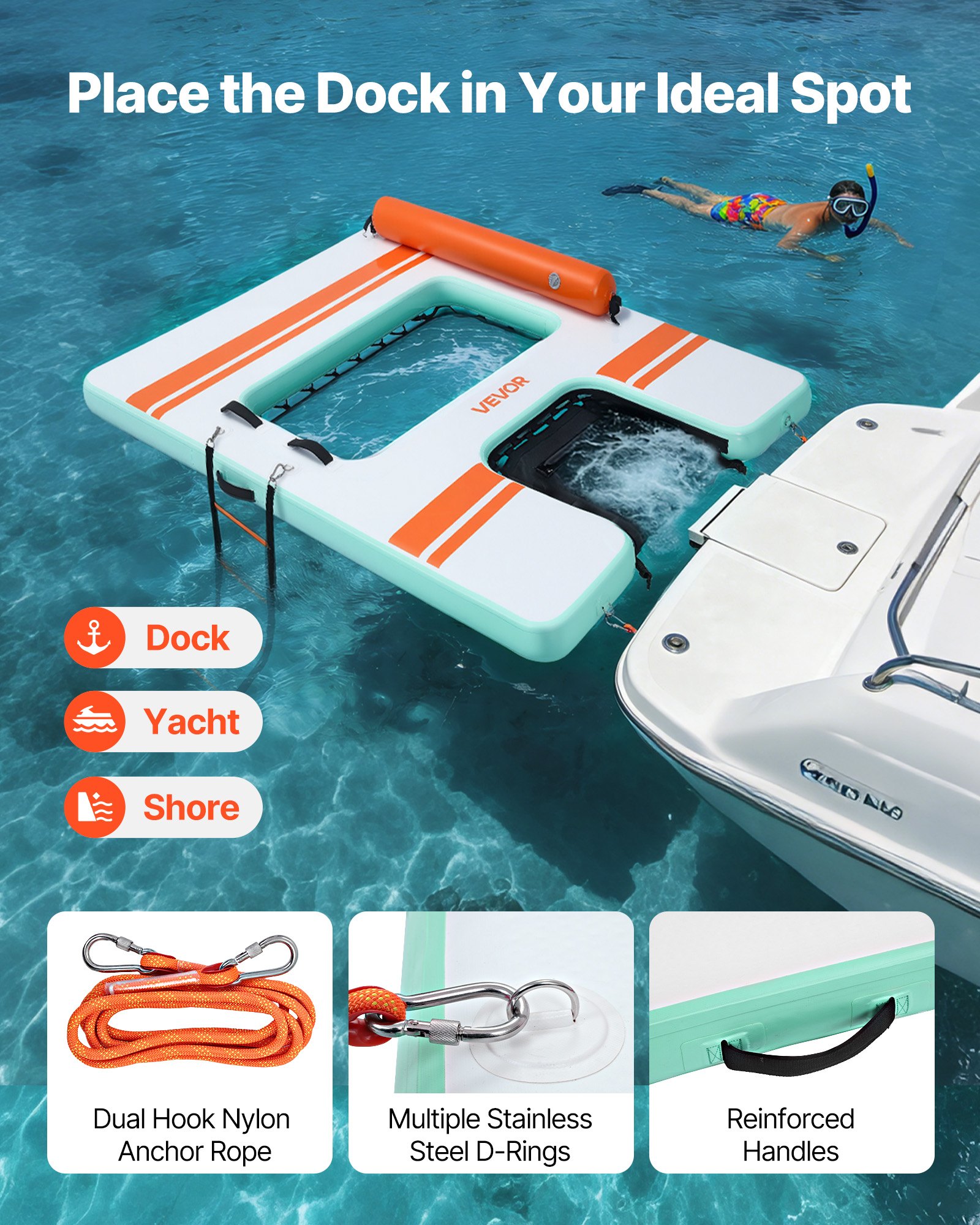 VEVOR Colchoneta para Piscina 2,44 x 1,83 m, Flotador Inflable Gigante en Forma de Rectángulo, con Malla Escalera Desmontable Rampa de Tobogán, Hamaca Inflable Isla de Agua para Piscina Playa Lago