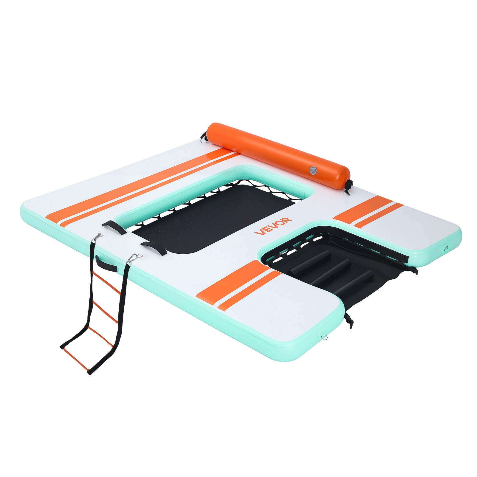 VEVOR Colchoneta para Piscina 2,44 x 1,83 m, Flotador Inflable Gigante en Forma de Rectángulo, con Malla Escalera Desmontable Rampa de Tobogán, Hamaca Inflable Isla de Agua para Piscina Playa Lago