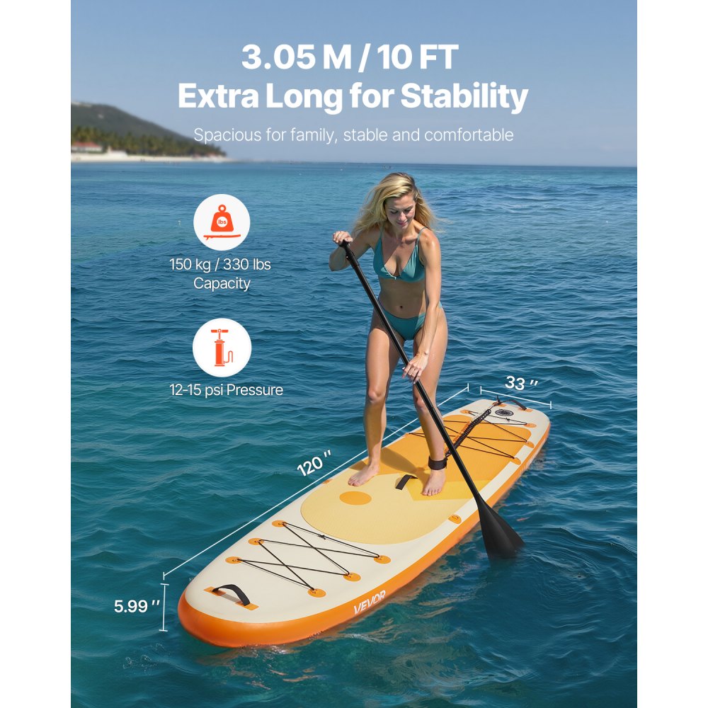 VEVOR Tabla de Paleta Surf Inflable, Ultraligera, con Bomba, Remo, Aleta, Mochila, Correa de Tobillo, Correa, Plataforma Antideslizante para Jóvenes Adultos, 304,8 x 83,8 x 15,2 cm, Carga 150 kg
